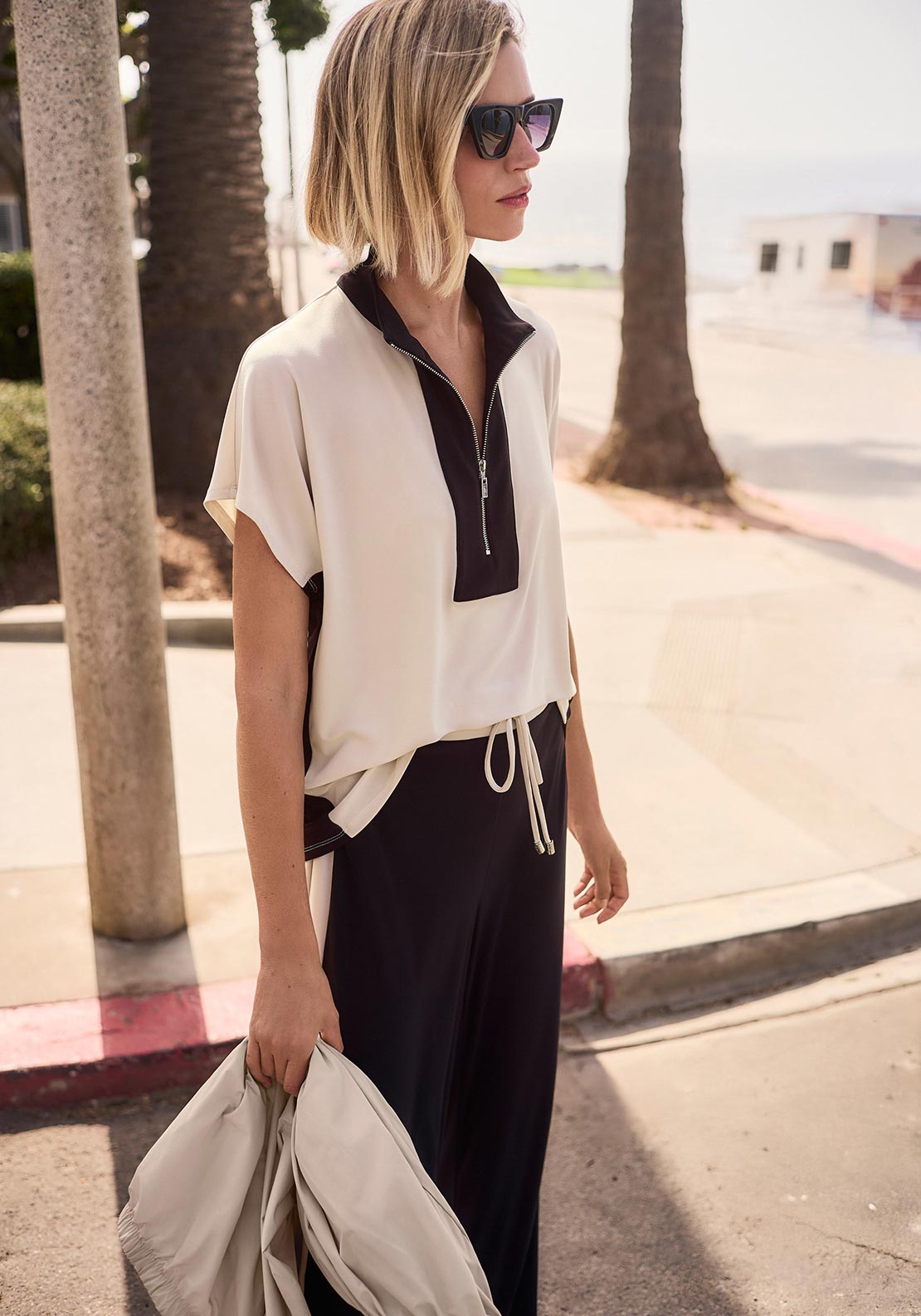 Joseph Ribkoff Silky Colour Block with Zipped Collar Top, Beige and Black