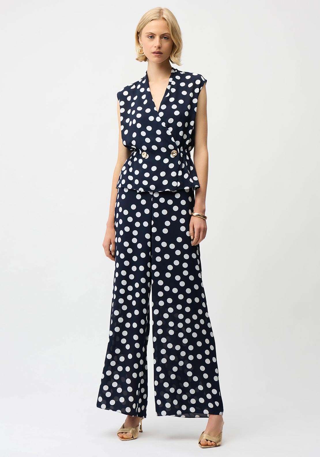 Joseph Ribkoff Georgette Polka Dot Print Wide Leg Trousers, Navy