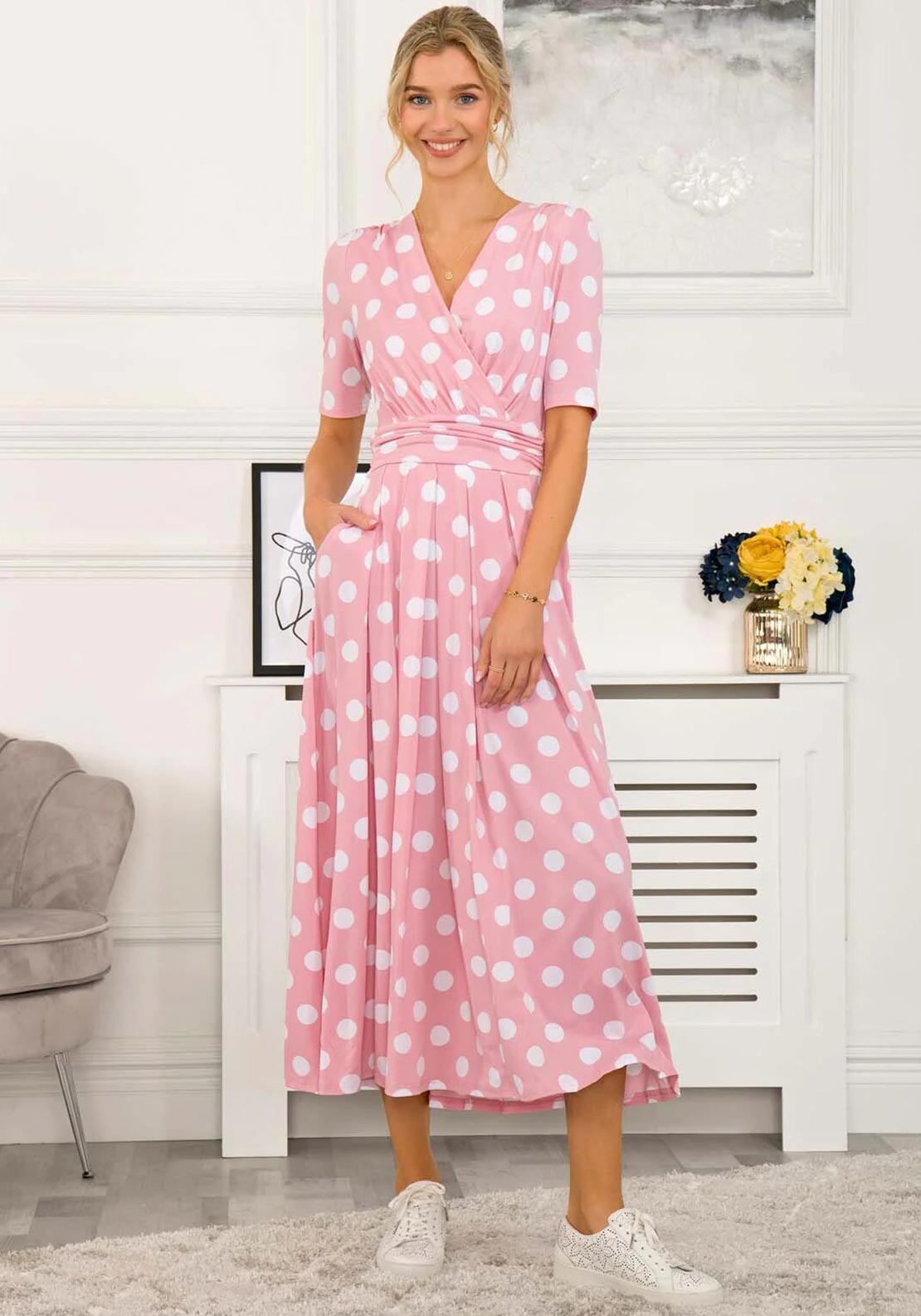 pink and white polka dot maxi dress Chasity Halterneck Maxi Dress