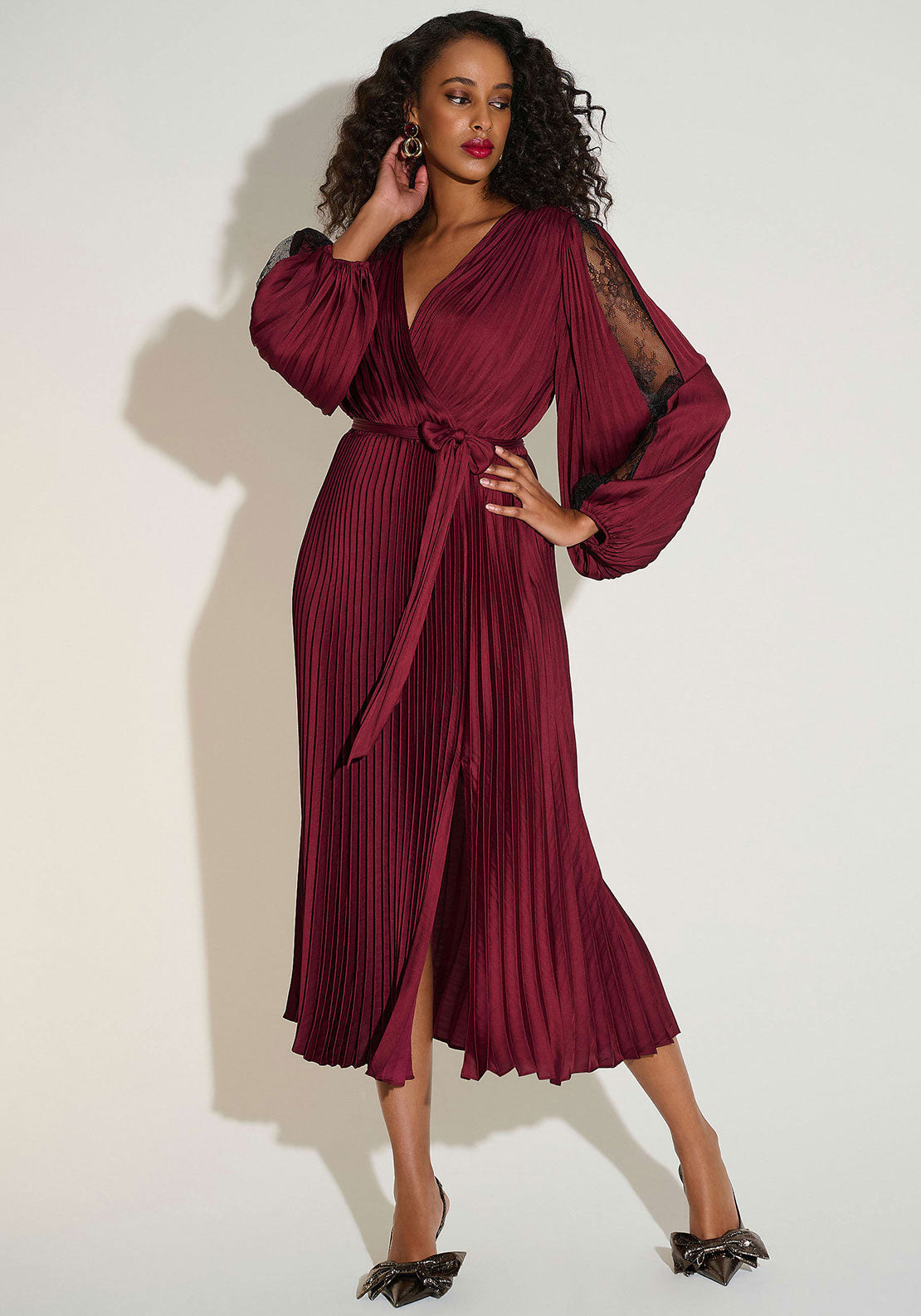 Joseph Ribkoff Pleated Satin Fit Flare Dress, Wine