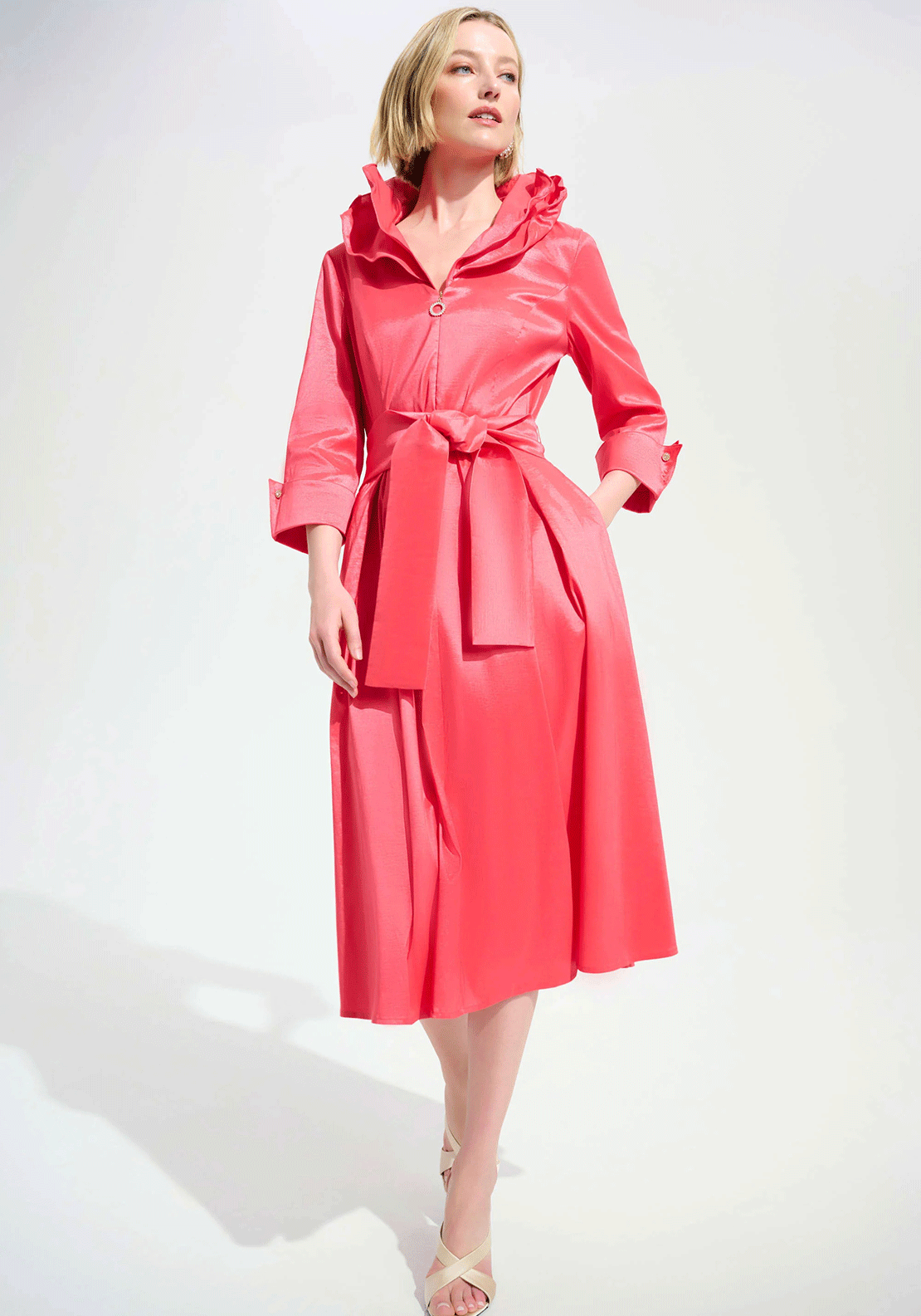 strapless open back dress Joseph Ribkoff Taffeta Collar Fit and Flare Dress, Coral Pink