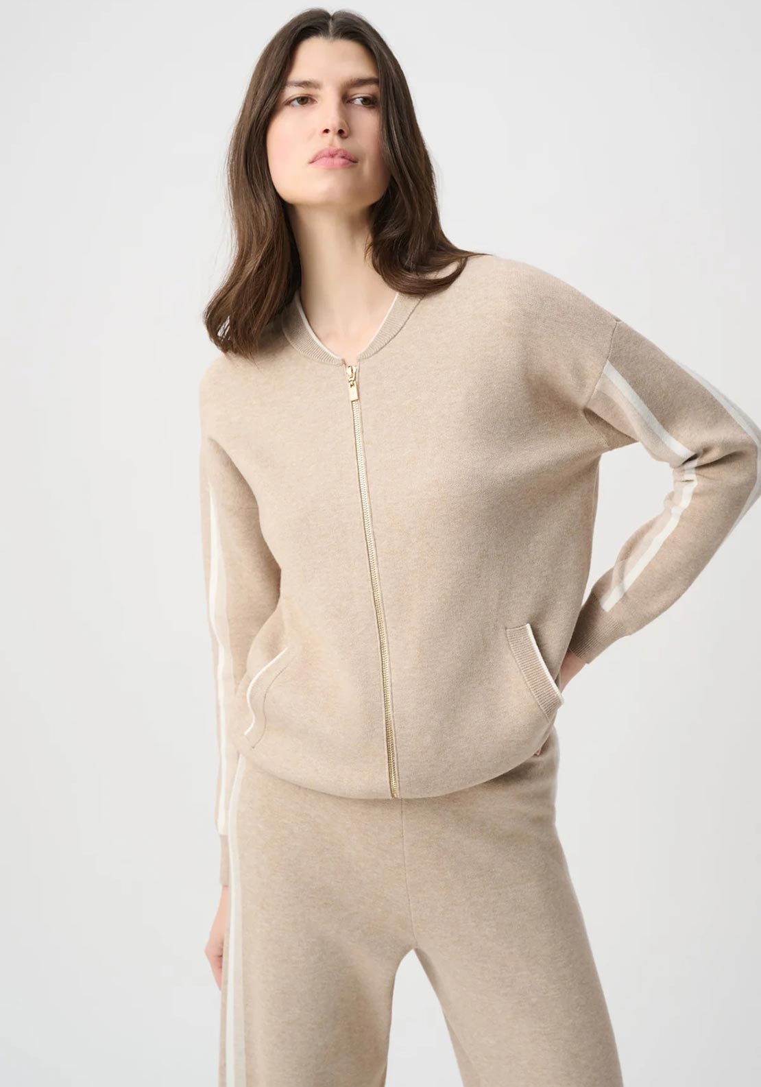 Joseph Ribkoff Knit Striped Bomber Jacket, Beige