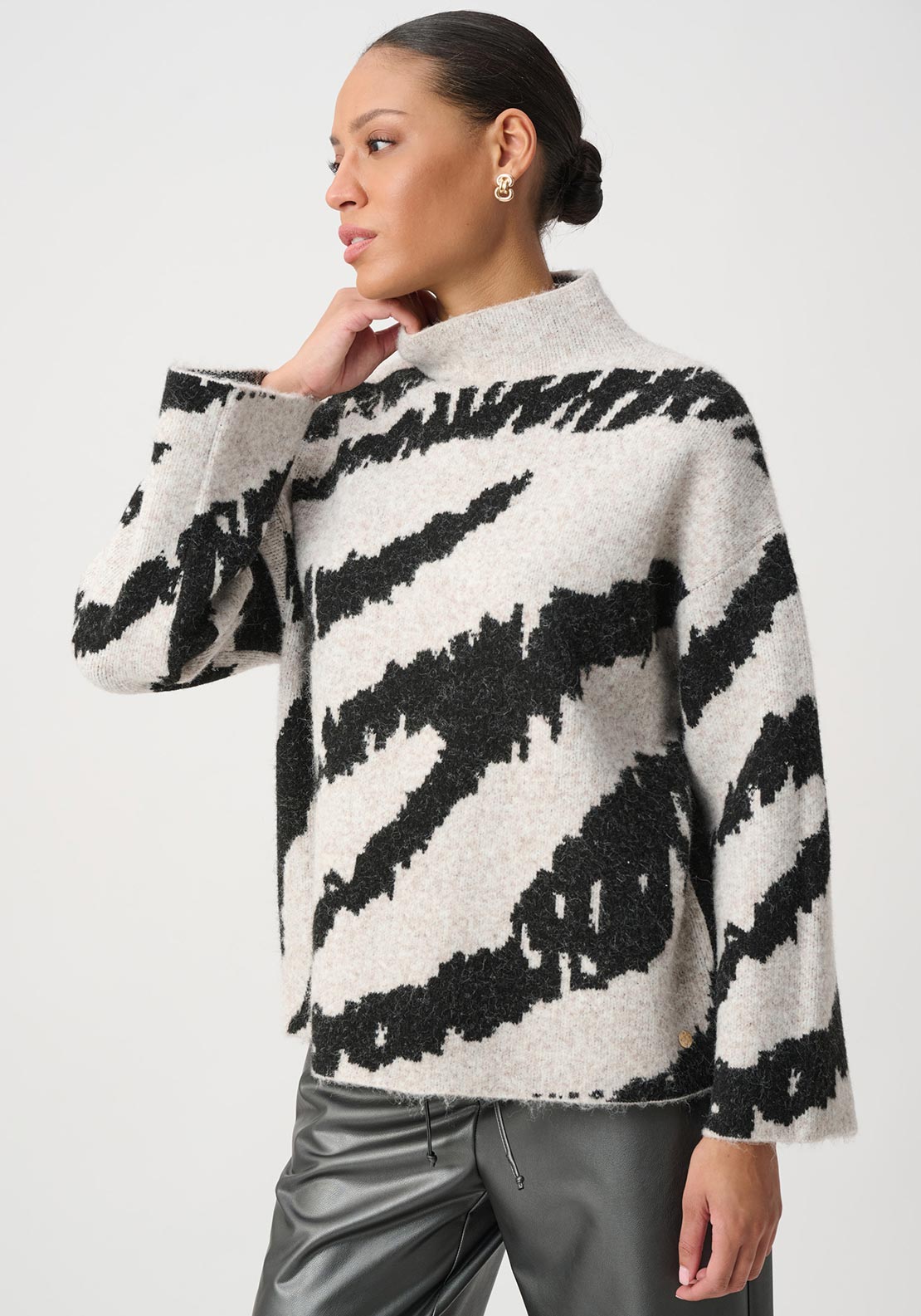 Joseph Ribkoff Jacqaurd High Neck Jumper, Stone