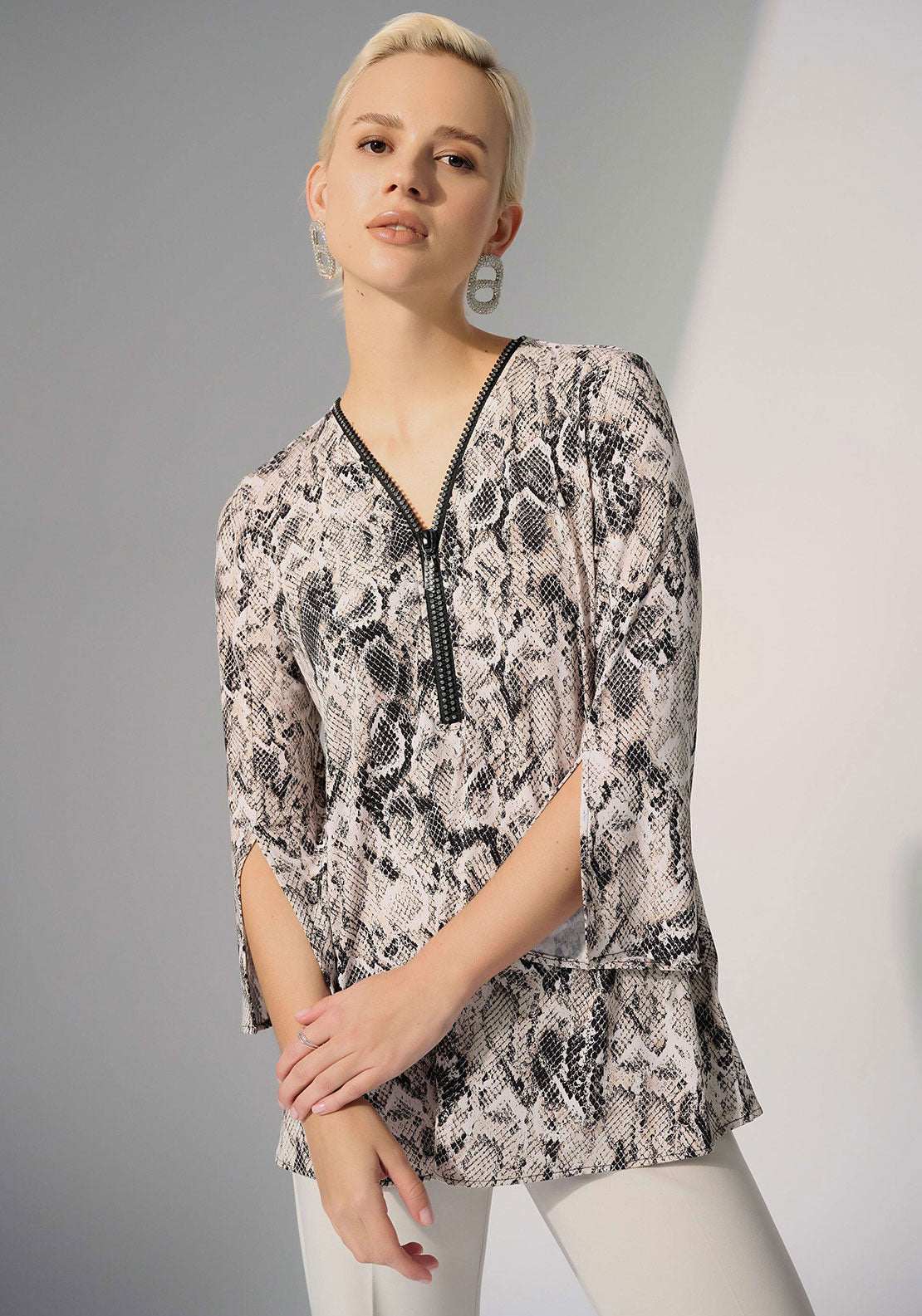 Joseph Ribkoff Python Zip Neck Top, Beige - McElhinneys
