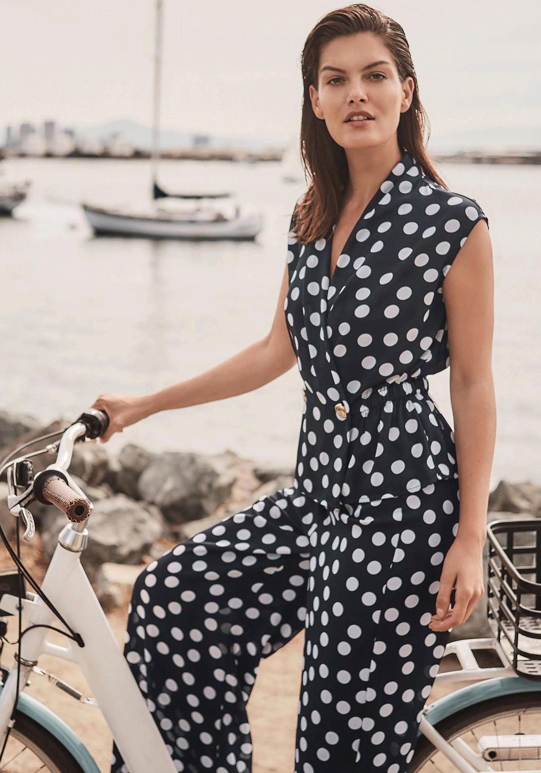 Joseph Ribkoff Polka Dot Button Tie Peplum Top, Navy