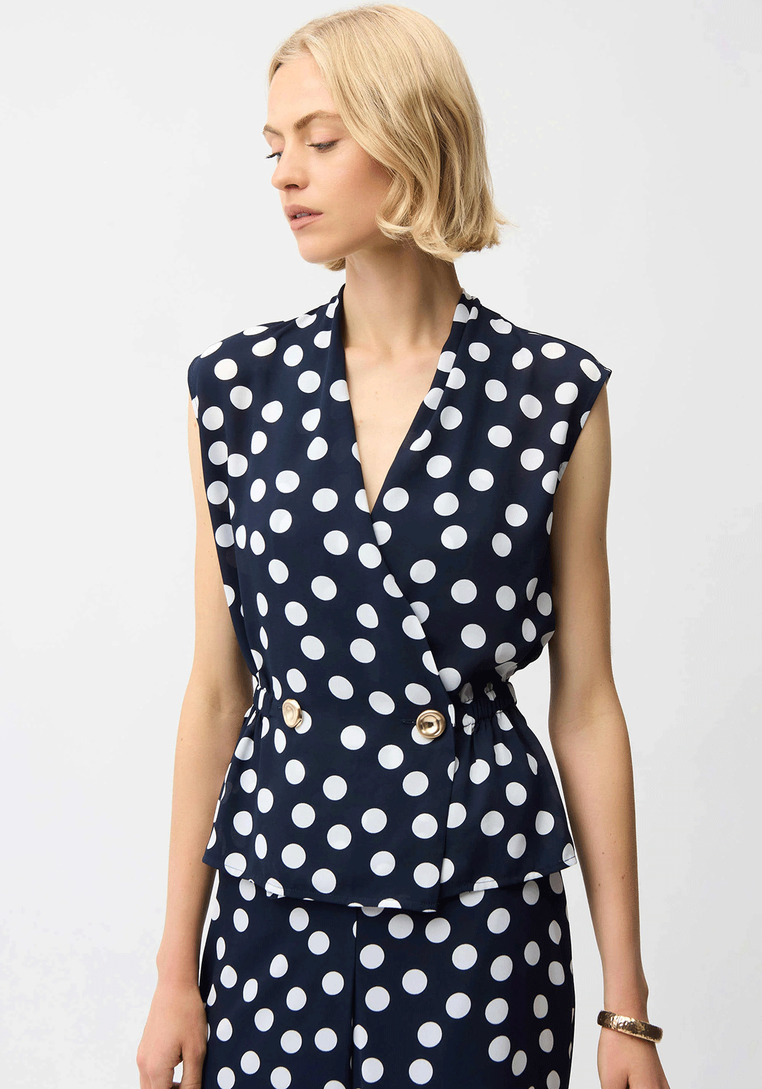Joseph Ribkoff Polka Dot Button Tie Peplum Top, Navy