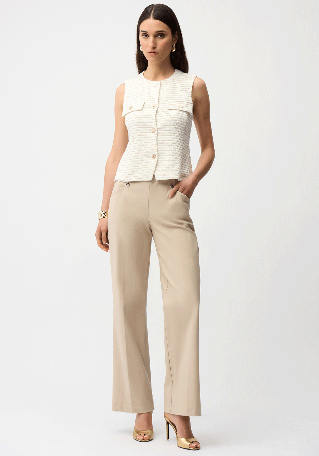 Joseph Ribkoff Button Detail Wide Leg Trousers, Beige