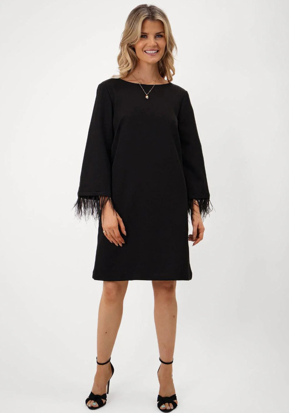 pippa mini dress black Kate & Pippa Dakota Feather Cuff Mini Dress with Back Bow Detail, Blac