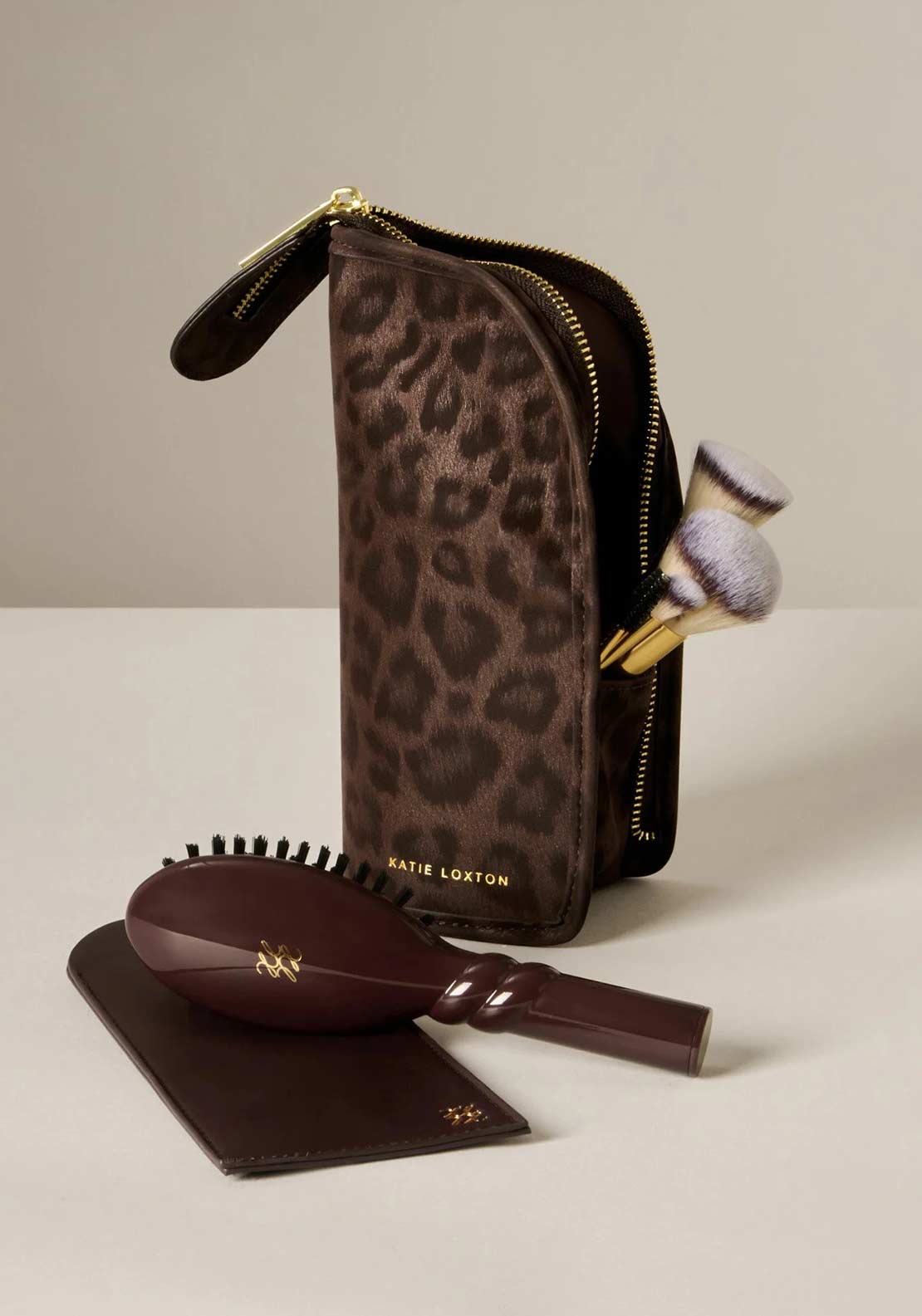 Katie Loxton Leopard Print Travel Makeup Brush Set & Case, Brown