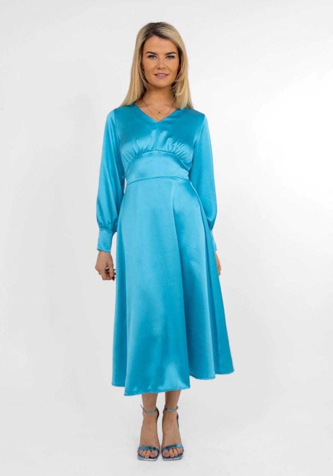 turquoise satin midi dress Kate & Pippa Birkin Satin Feel Midi Dress, Turquoise
