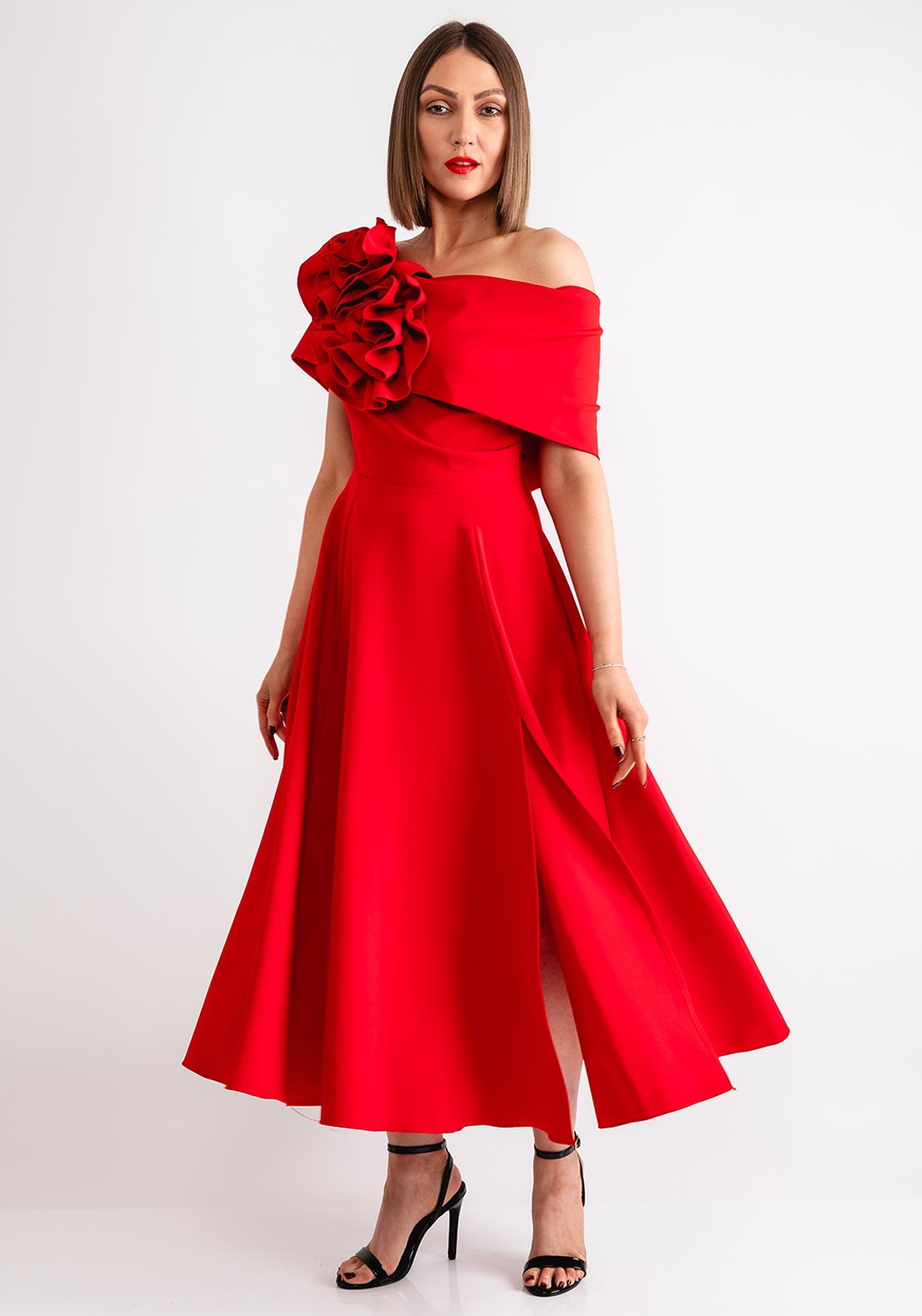 slim fit dress slacks Kevan Jon Kyoto Bardot Corsage Flare Midi Dress, Red