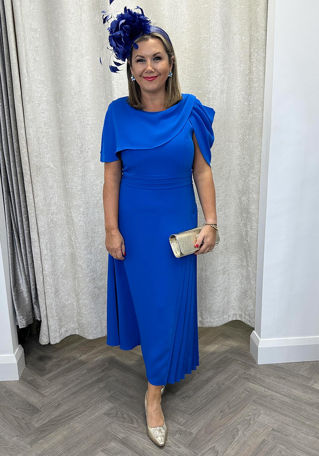 Lizabella Drape Shoulder Midi Dress, Blue