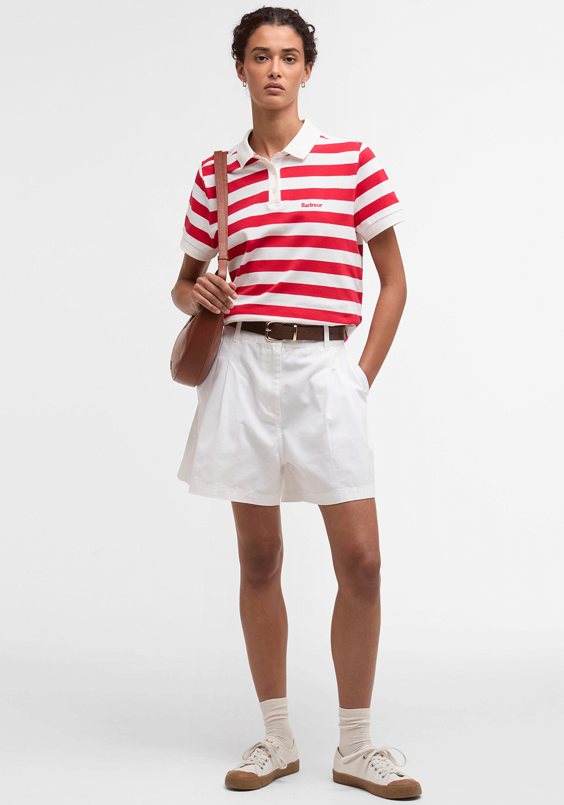 Barbour Womens Ashbourne Striped Polo T Shirt, Red and White
