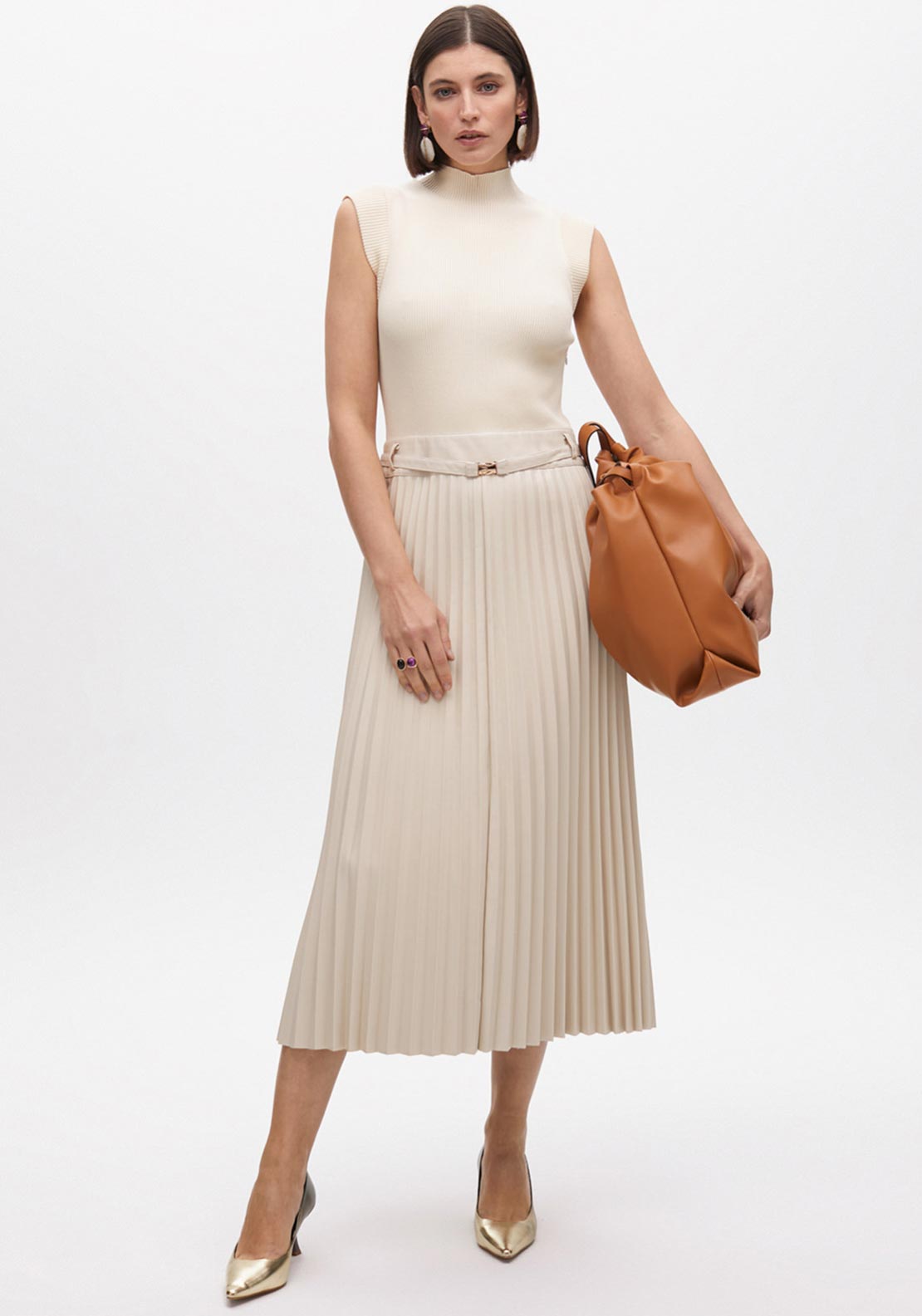 beige cut out dress Lola Casademunt Faux Leather Pleated Dress, Beige
