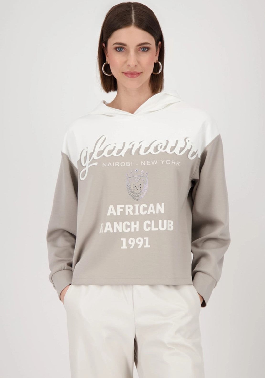 Monari Soft Feel Graphic Print Hoodie, Taupe White McElhinneys