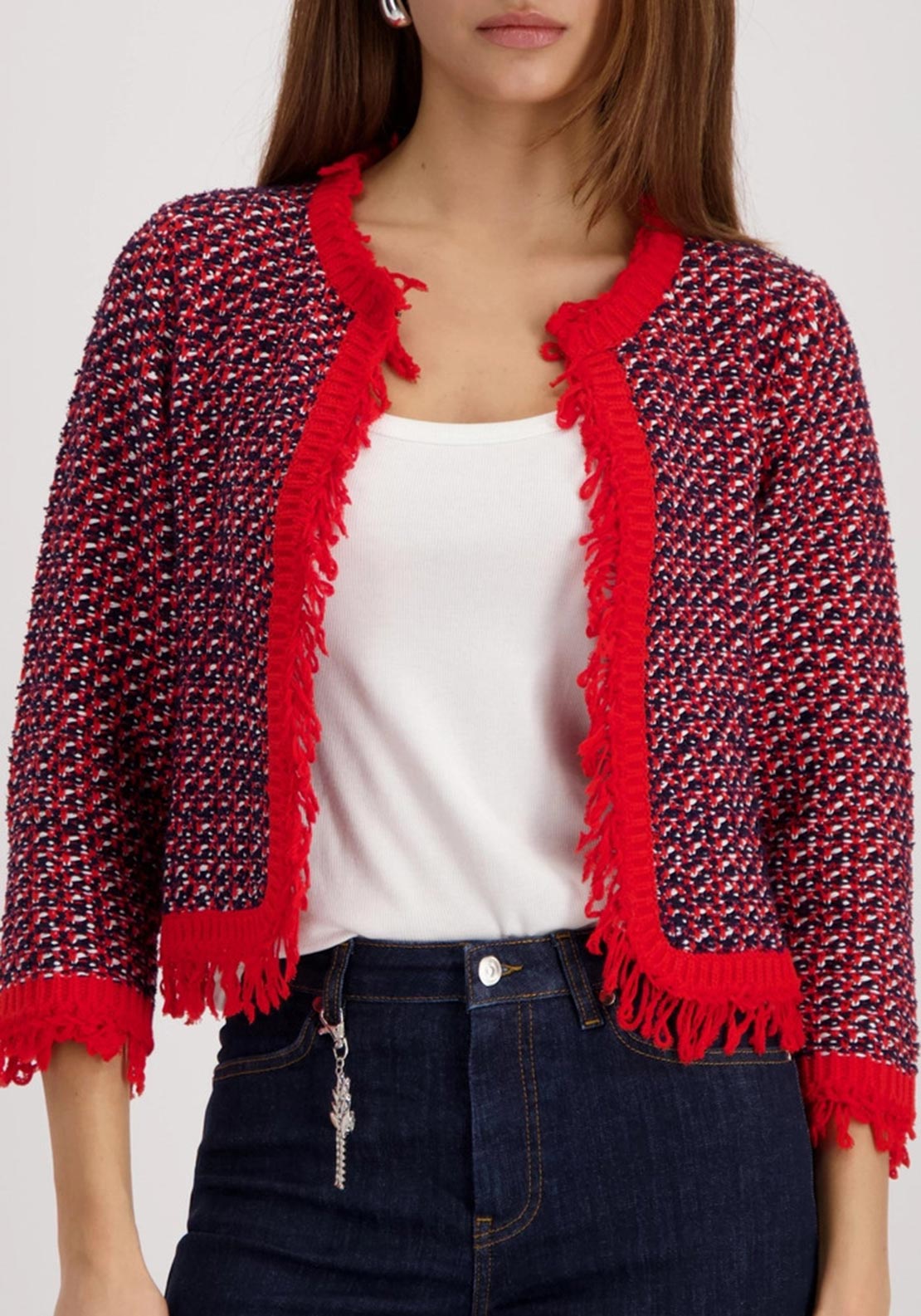 Monari Fringe Tweed Cardigan, Red