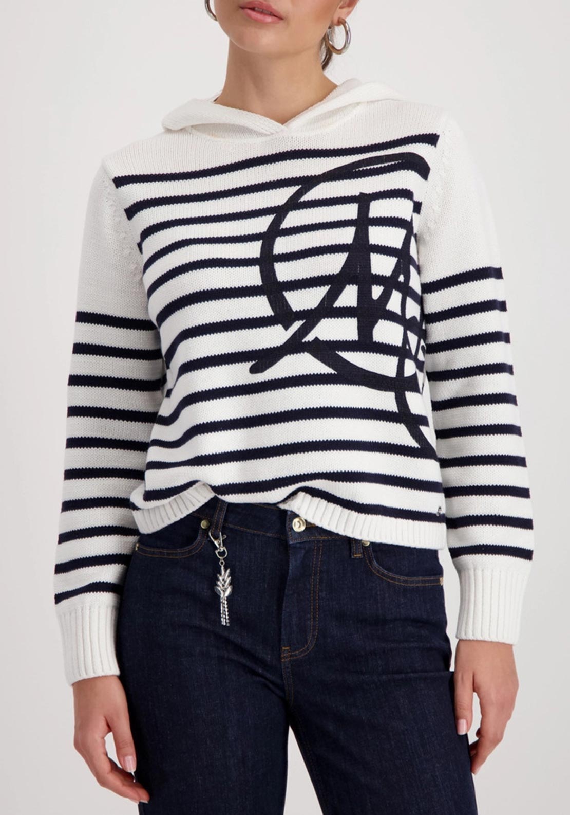 Monari Striped Jumper with Emblem, White