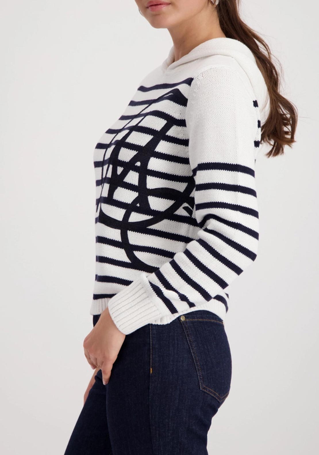 Monari Striped Jumper with Emblem, White