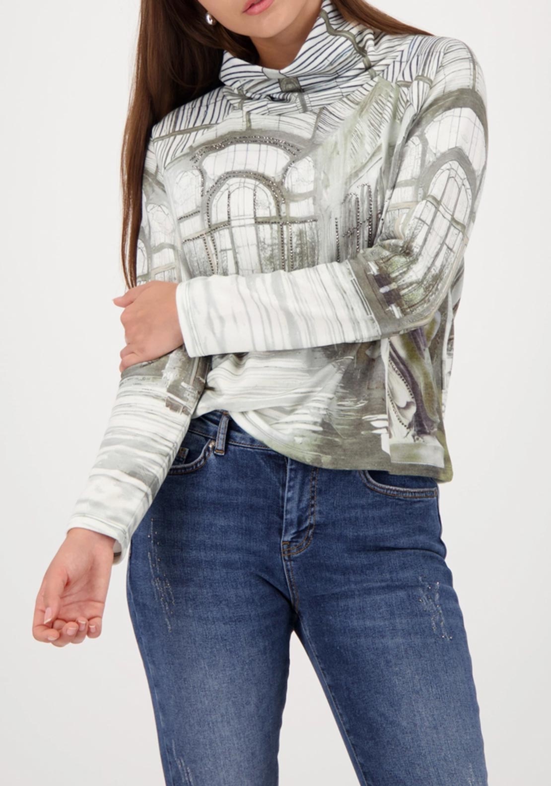 Monari Roll Neck Gallery Print Top, Green