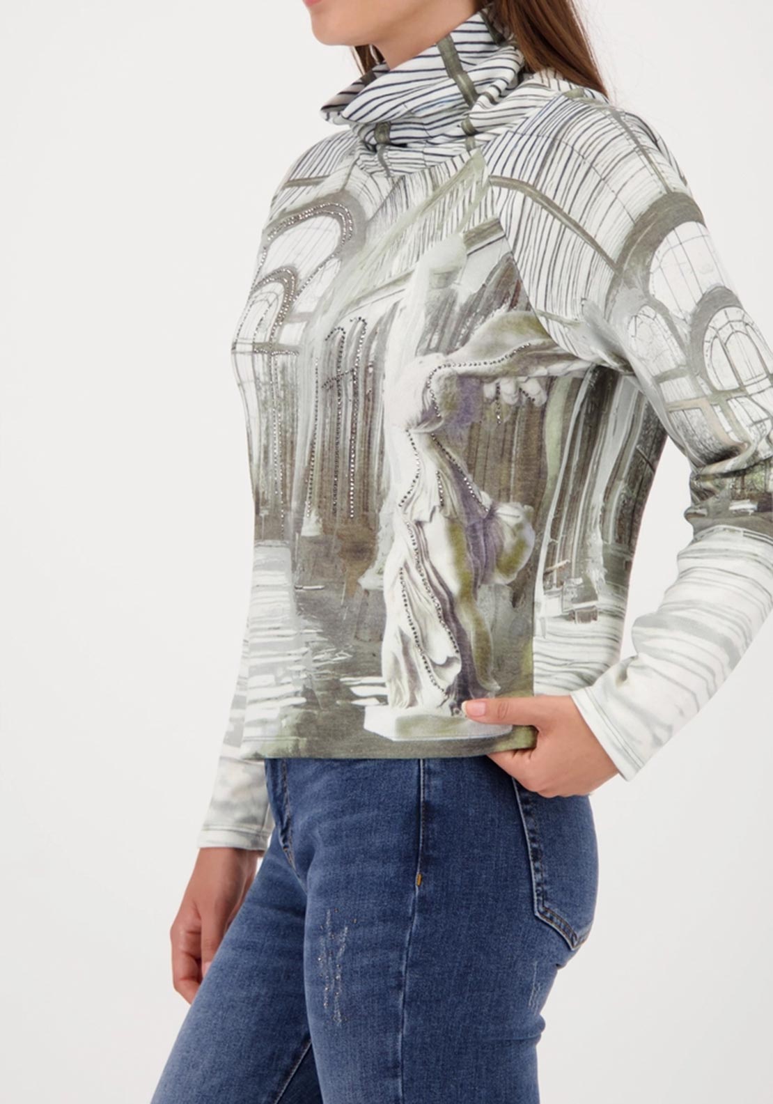 Monari Roll Neck Gallery Print Top, Green