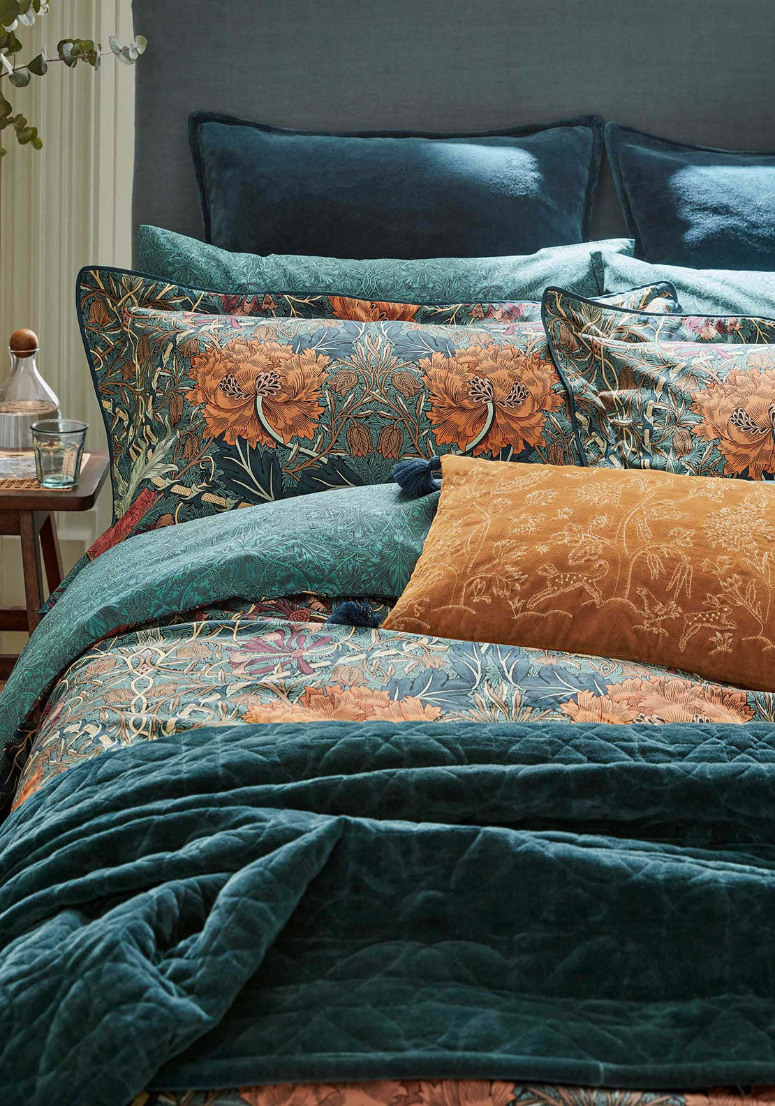 William Morris Honeysuckle & Tulip Sateen Duvet Cover Set, Green & Tan