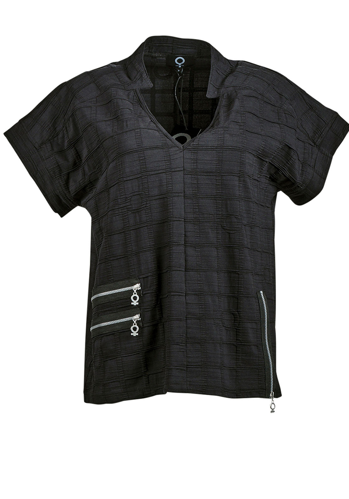 My Soul Bubble Zip Detail V Neck Top, Black