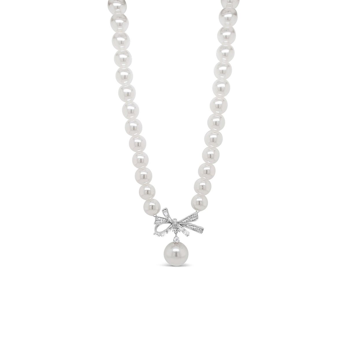 Absolute CZ Bow & Pearl Pendant Necklace, Silver