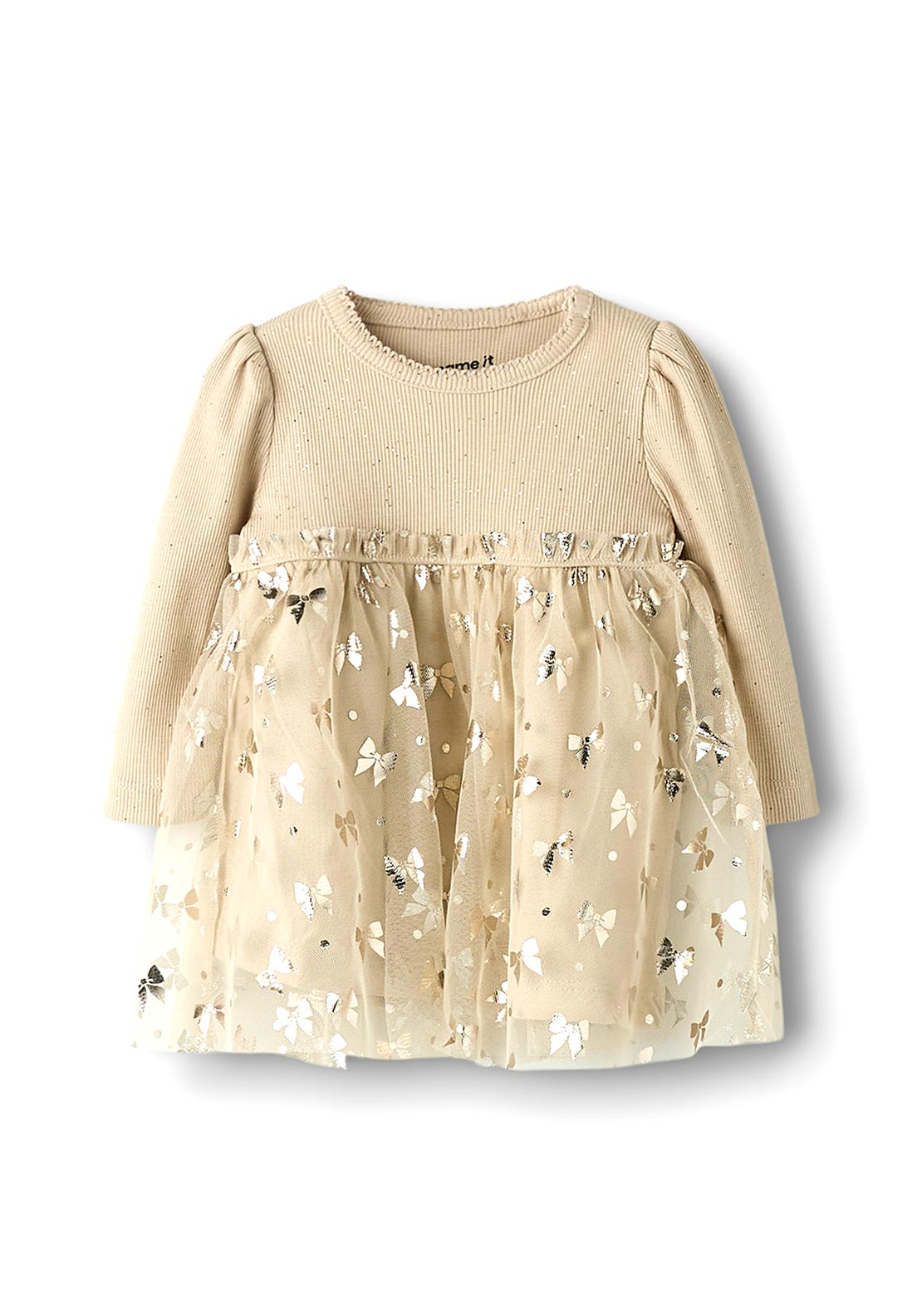 Name It Baby Girl Sally Long Sleeve Dress, Beige