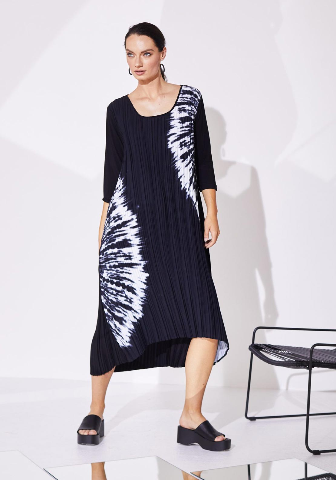 naya midi dress Naya Placement Print Pleated Midi Dress, Black & White