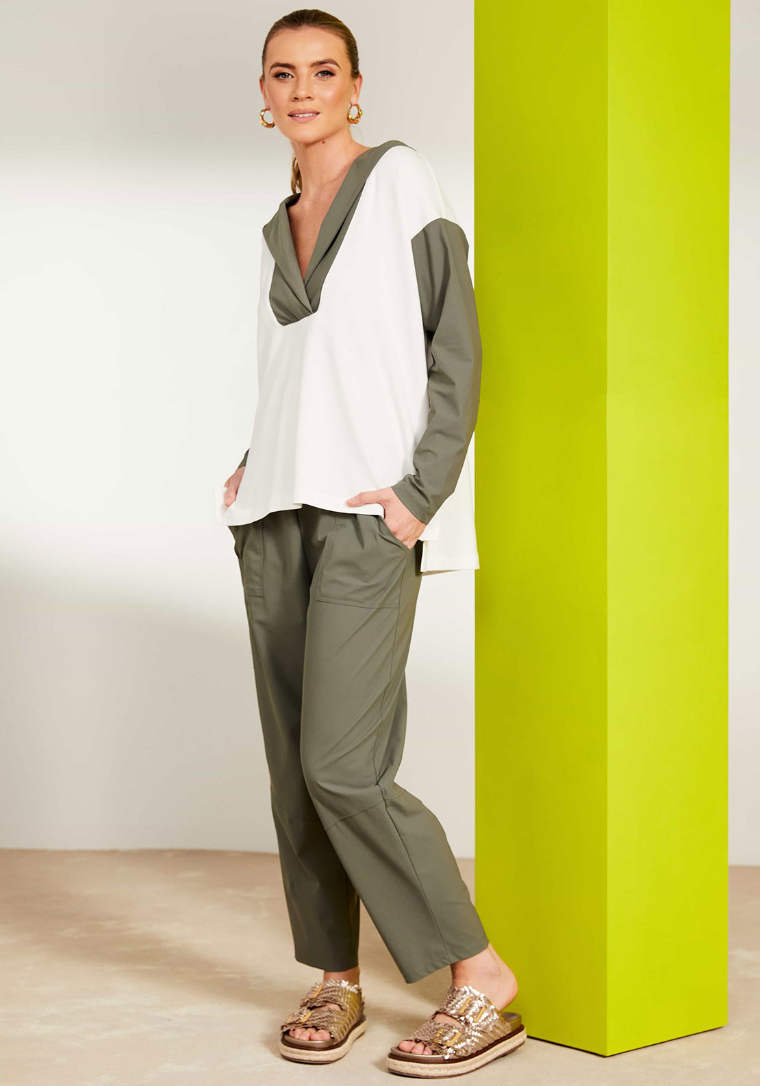 Naya Slim Leg Relaxed Trousers, Khaki Green