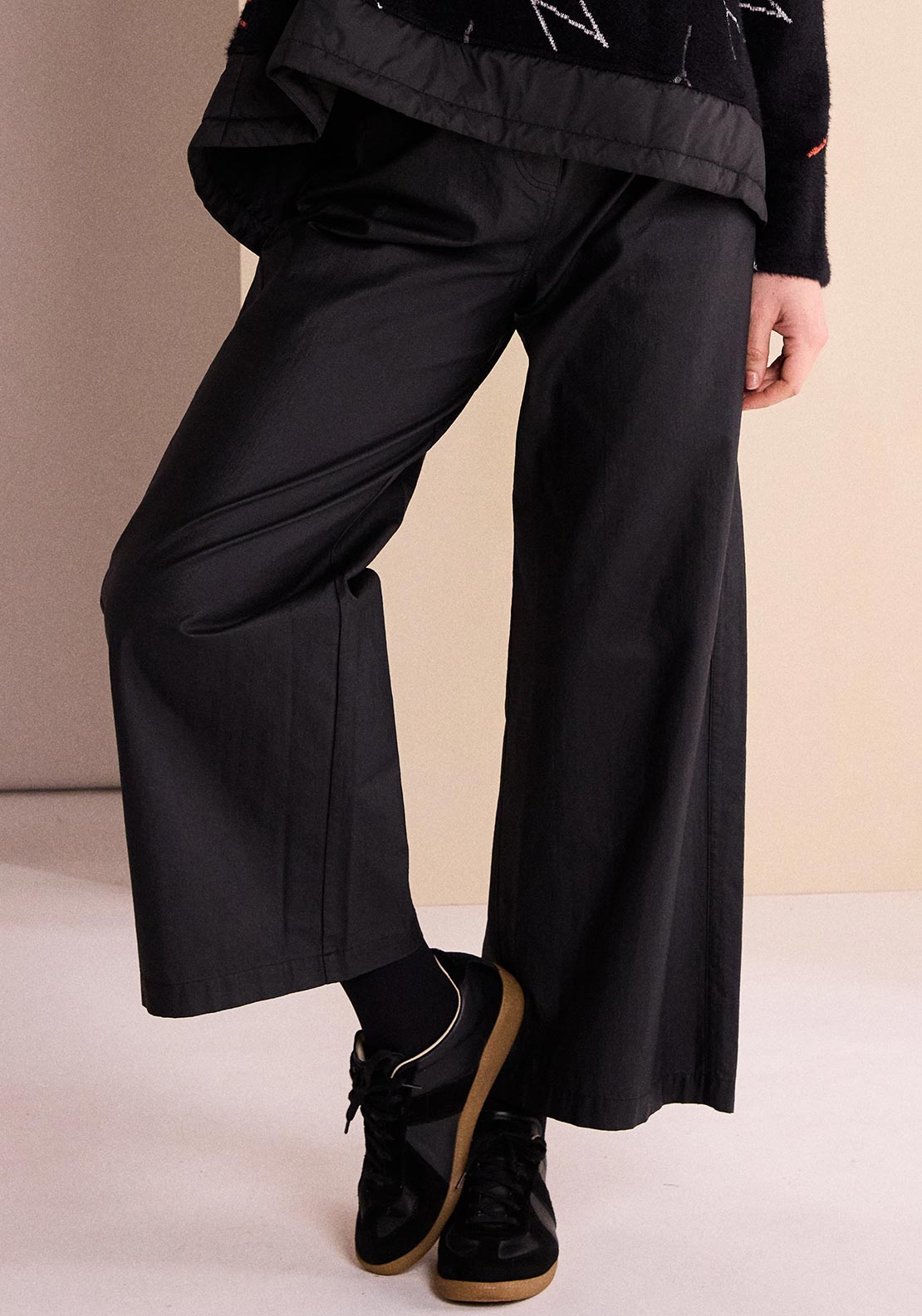 Naya Leatherette Wide Leg Cropped Trousers, Black