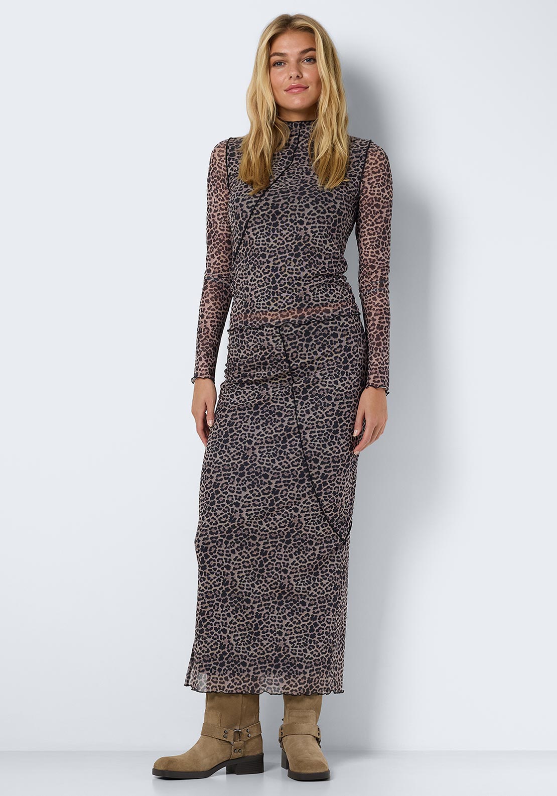 Noisy May Steffi Mesh Leopard Print Skirt, Beige