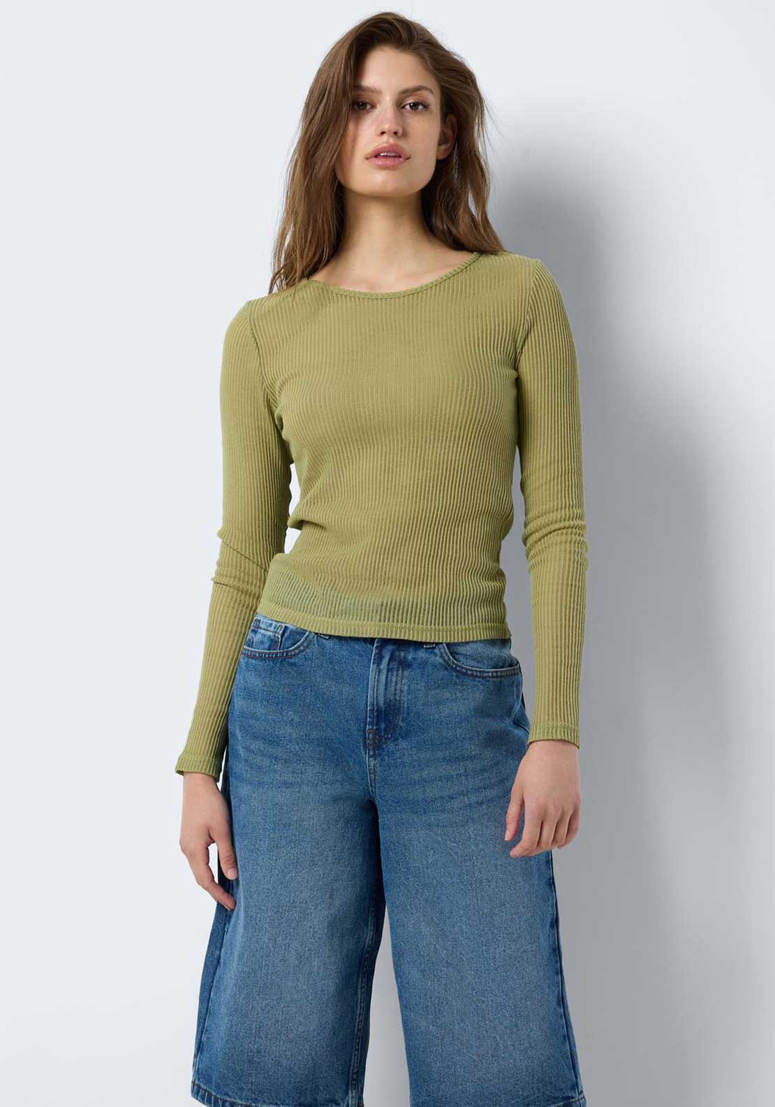 Noisy May Ray Sheer Ribbed Top, Sage - McElhinneys