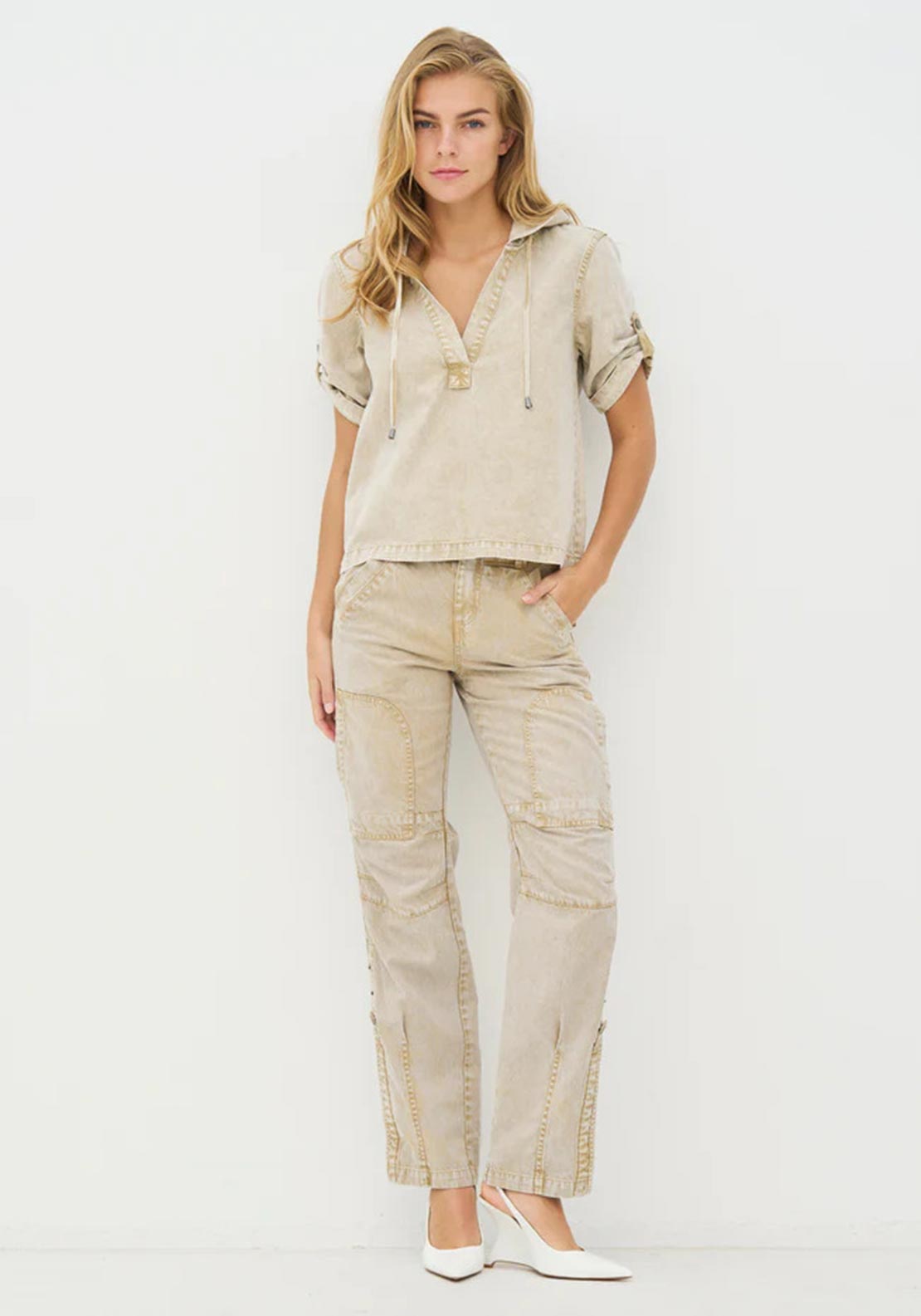 Nu Denmark Patch Work Stretchy Wide Leg Jeans, Beige