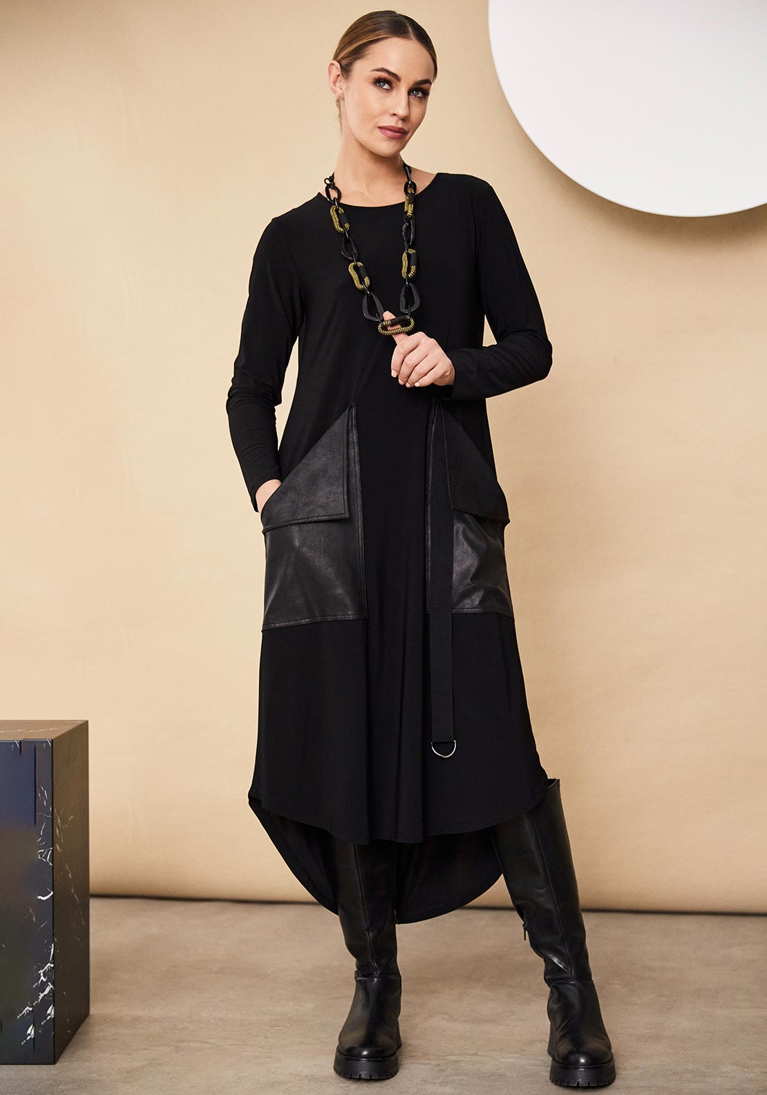black leather dress midi Black 2 in 1 Faux Leather Skirt Long Sleeve Midi Dress 8