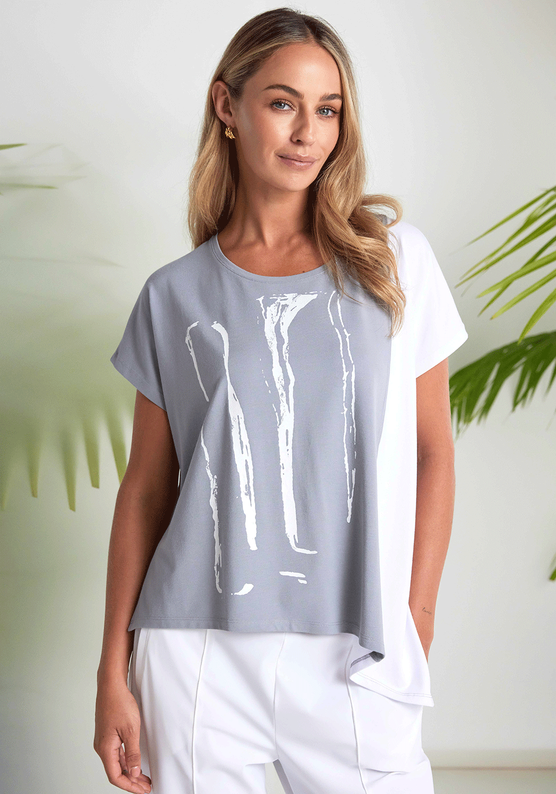 Naya Printed Contrast Hem Top, Light Grey & White