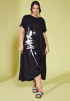 Ora Contrast Print Drawstring Detail Midi Dress, Black
