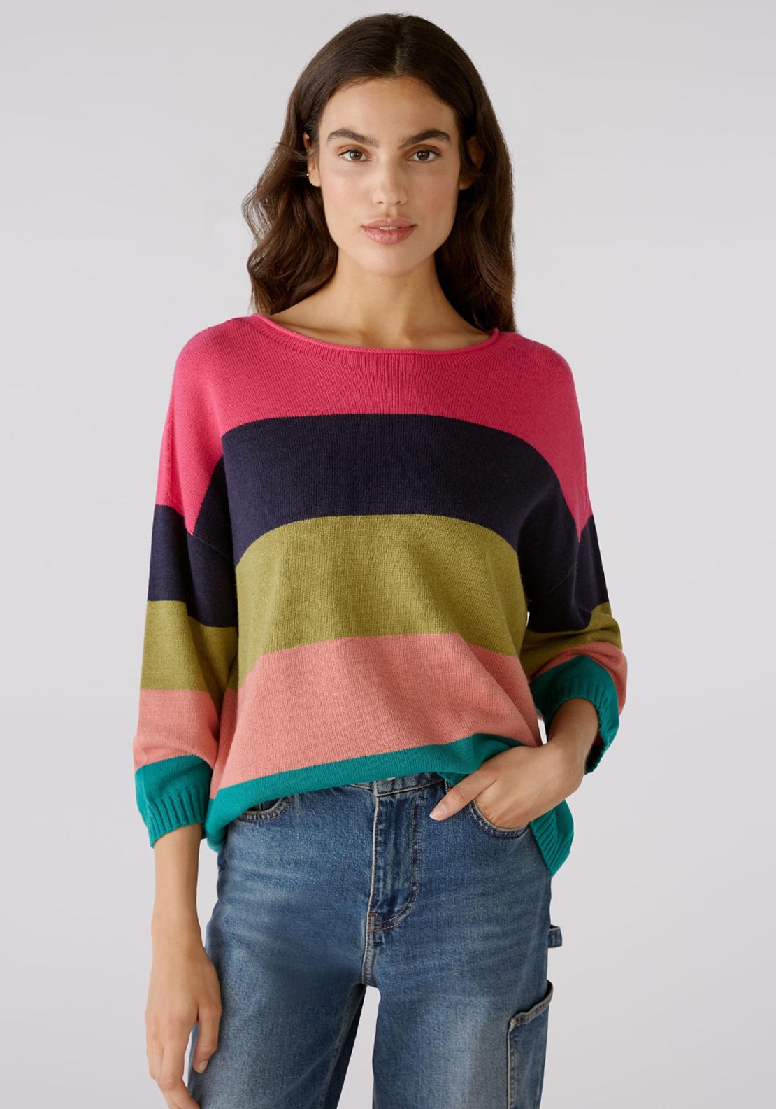 Oui T Knitted Ecru and Black With Stripes Jumper 75764 0109