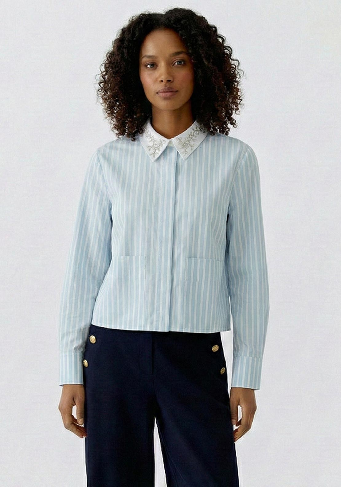 Oui Collar With Detail Striped Blouse, Blue