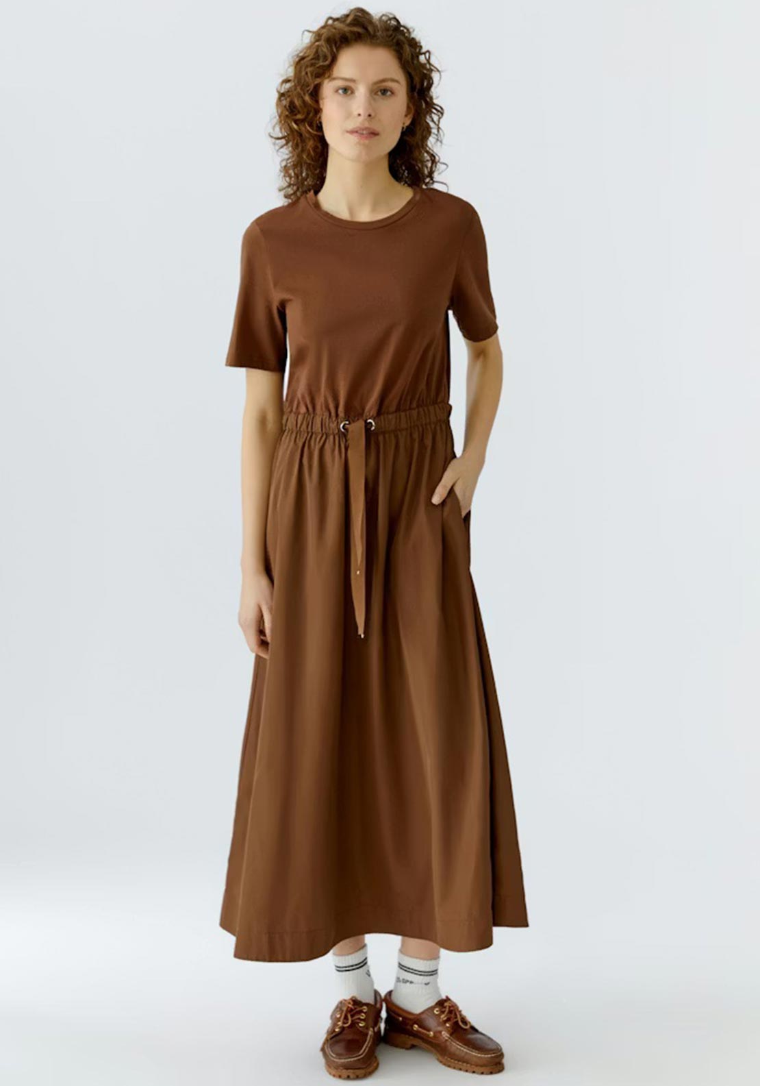 Oui Casual Mixed Texture Long Dress, Brown - McElhinneys