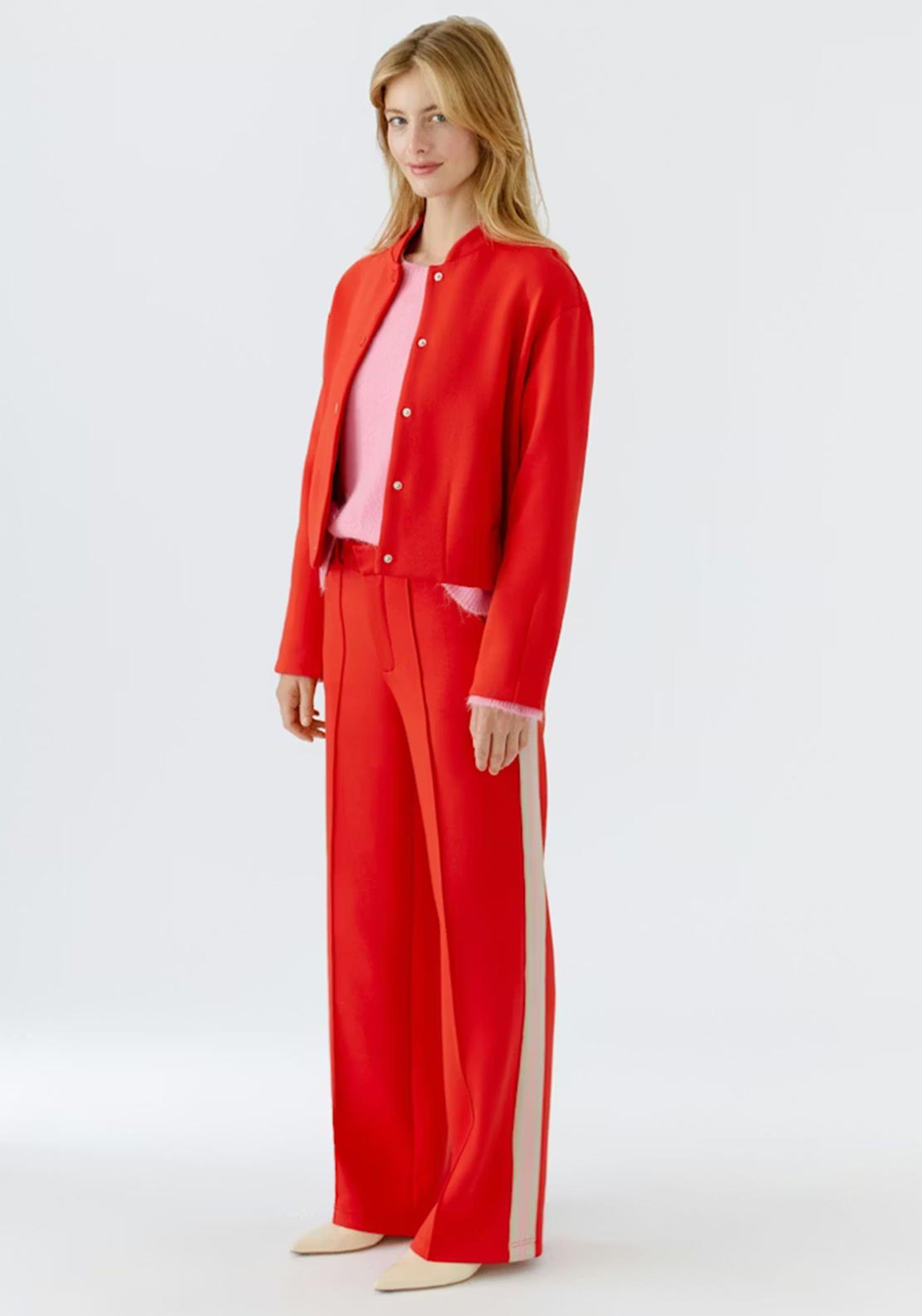 Oui Stripe Detail Wide Leg Trousers, Red