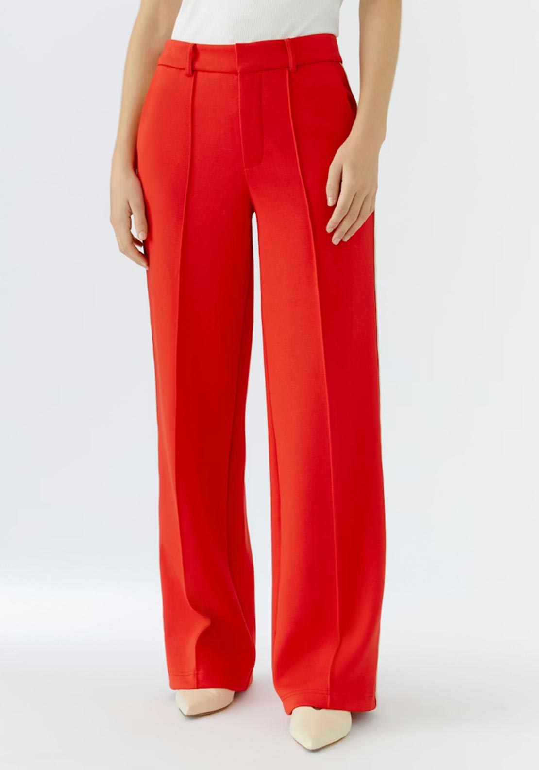 Oui Stripe Detail Wide Leg Trousers, Red