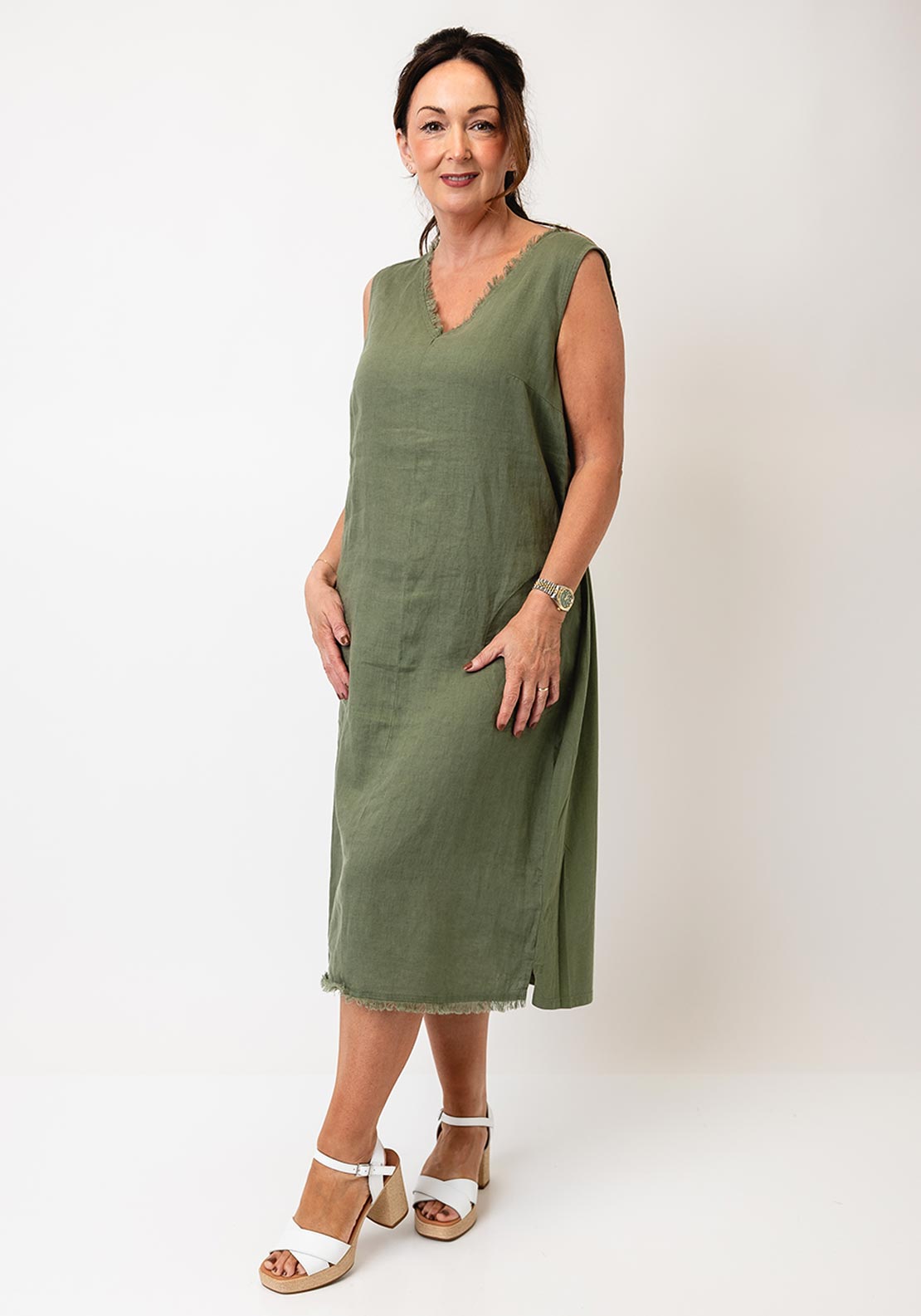 Oui Linen Frayed V Neck Midi Dress, Green Oui Linen Frayed V Neck Midi Dress, Green