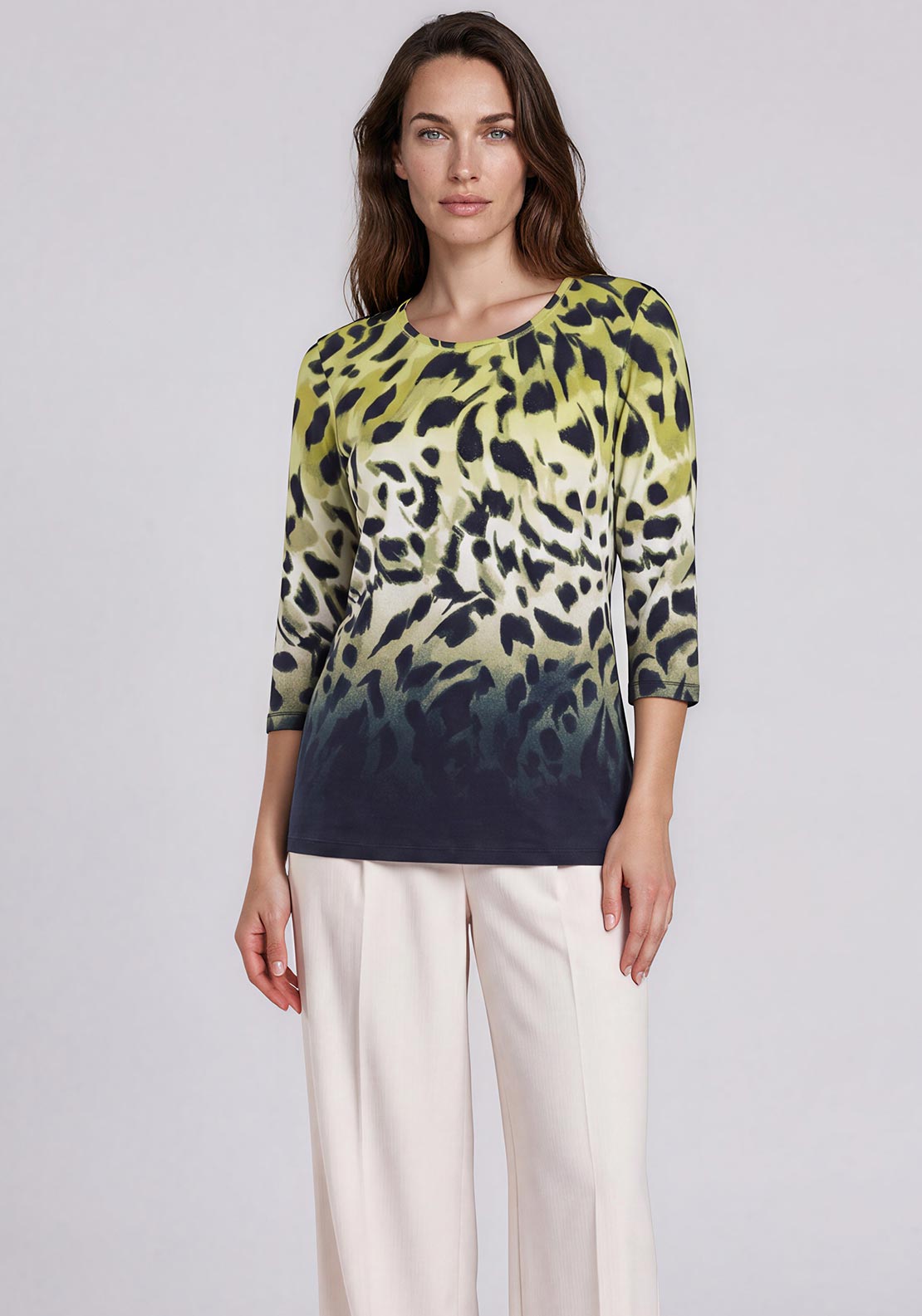 Olsen Animal Print Round Neck Top, Green Multi