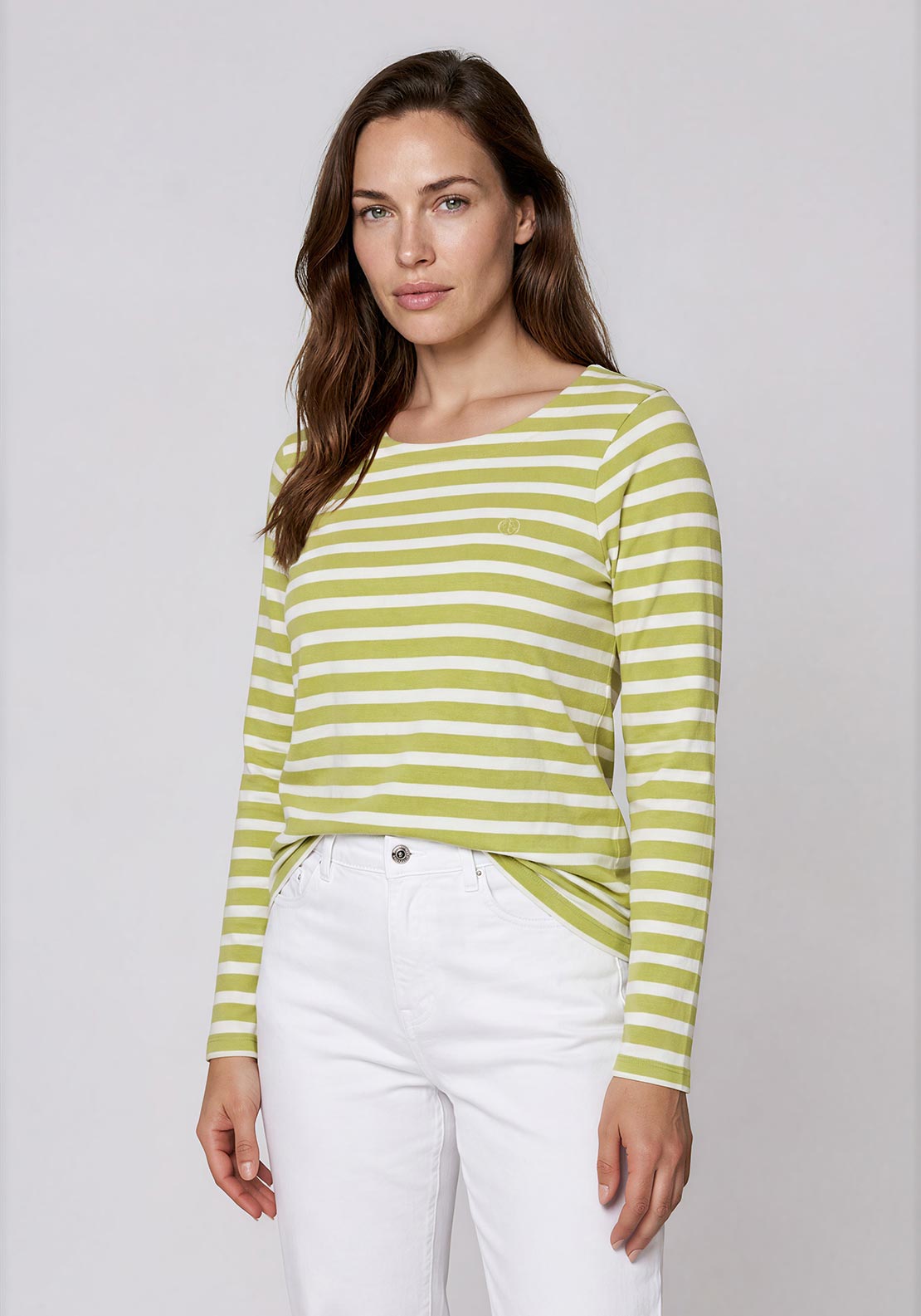 Olsen Striped with Logo Detail Top, Green and White