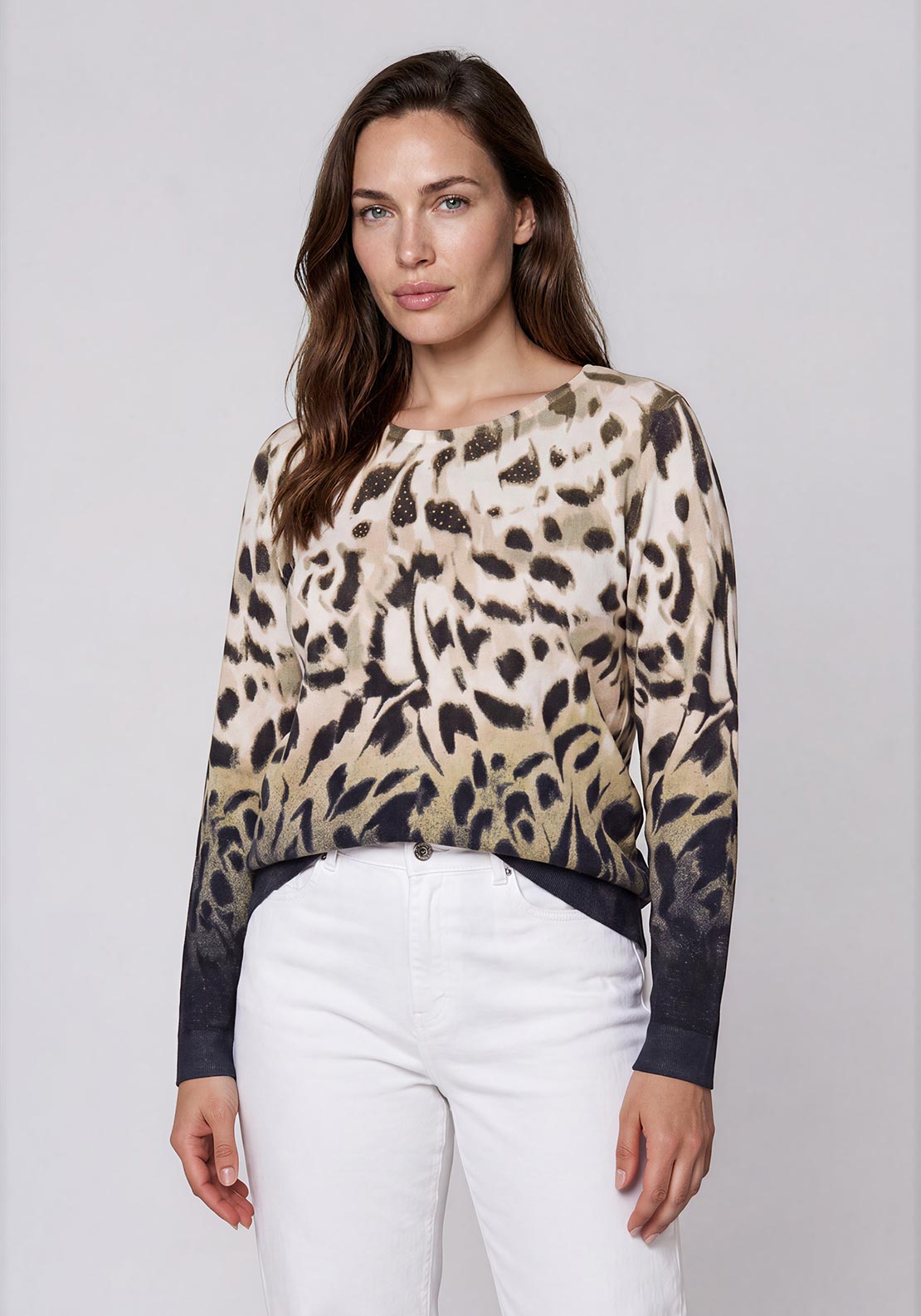 Olsen Round Neck Animal Print Top, White Multi