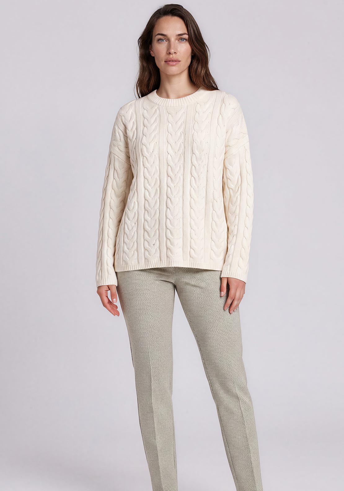 Olsen Geometric Pattern Straight Leg Trousers, Green and White