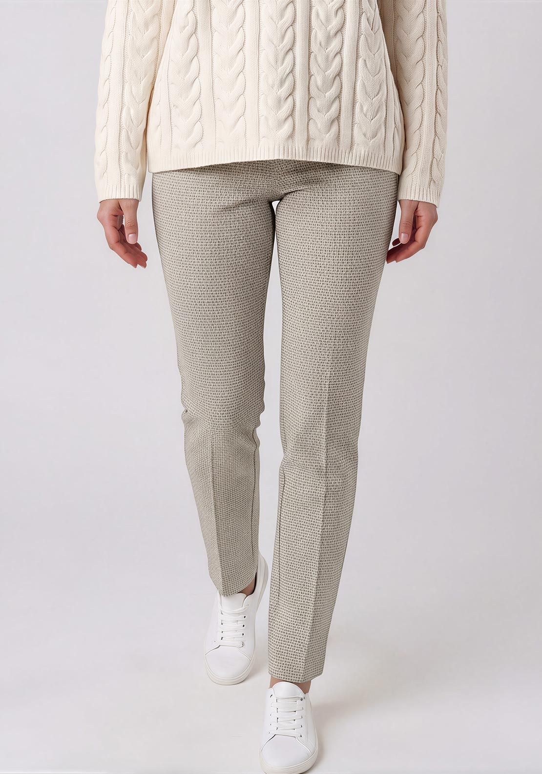 Olsen Geometric Pattern Straight Leg Trousers, Green and White
