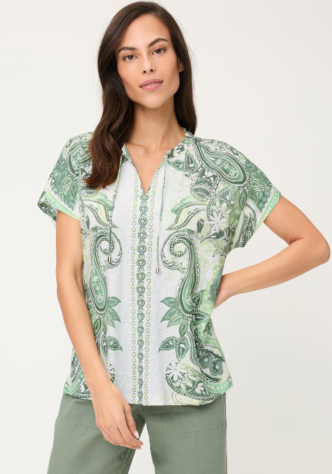 Olsen V-Neck Aztec Print T-Shirt, Green