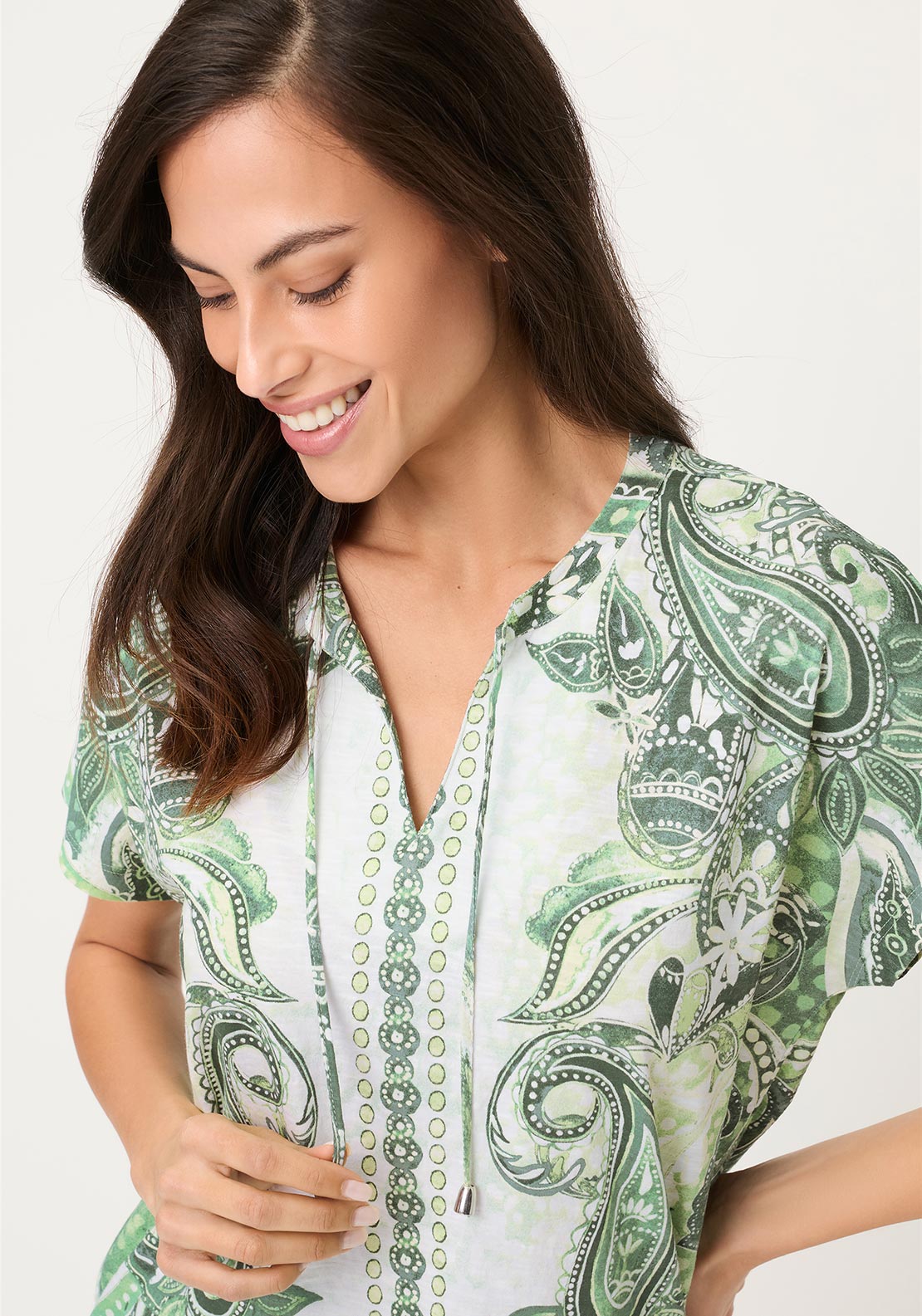 Olsen V-Neck Aztec Print T-Shirt, Green
